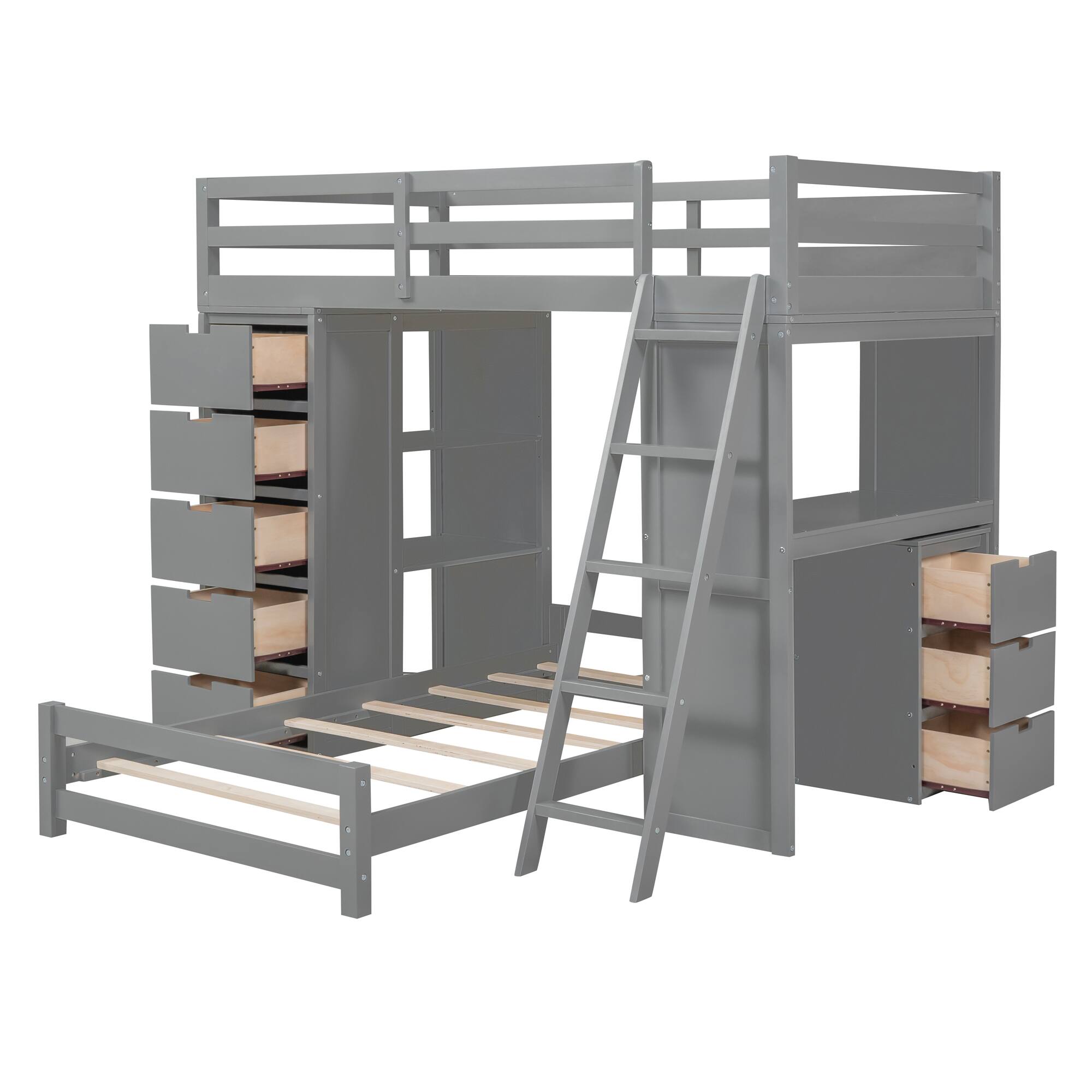 Alt View 5. Tiramisubest - Gray Twin over Twin Bunk Bed with LED, USB, Drawers, Shelves & Desk - Gray.