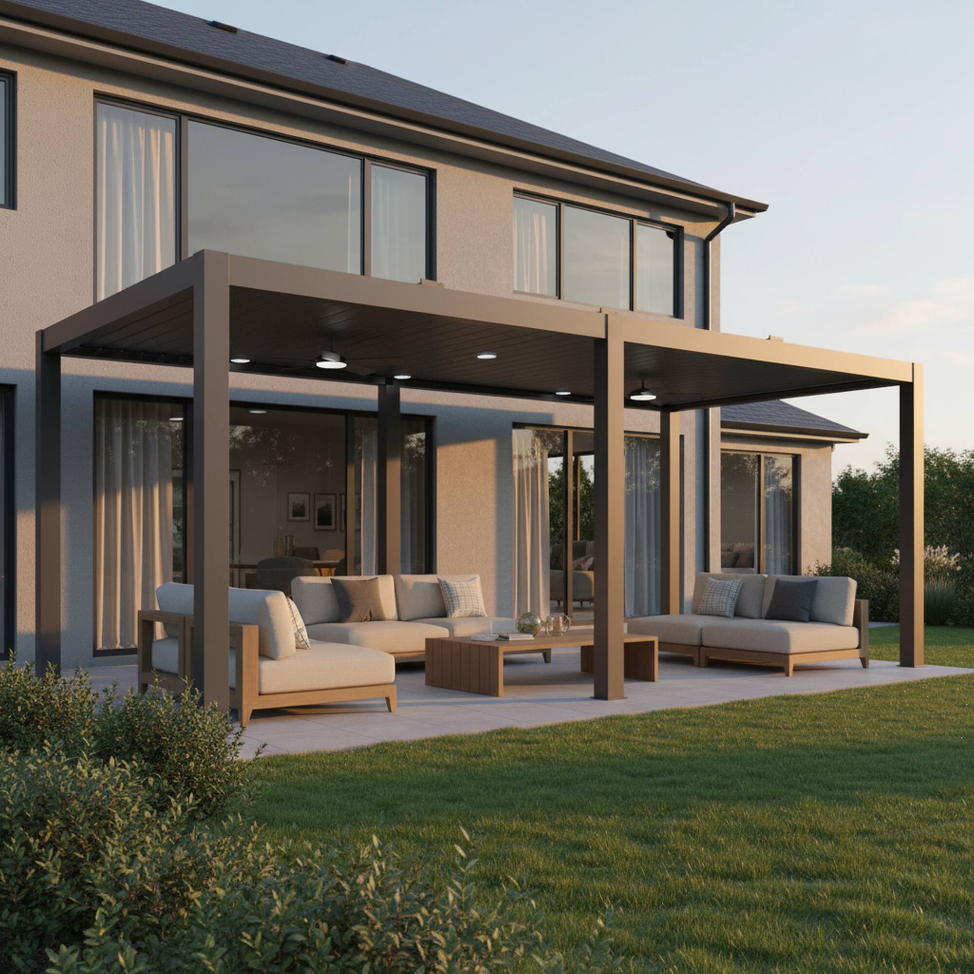 Angle. Mondawe - 13ft x 26ft Solar-Powered Aluminum Pergola with Adjustable Louvers and Hidden Drainage System - Grey.