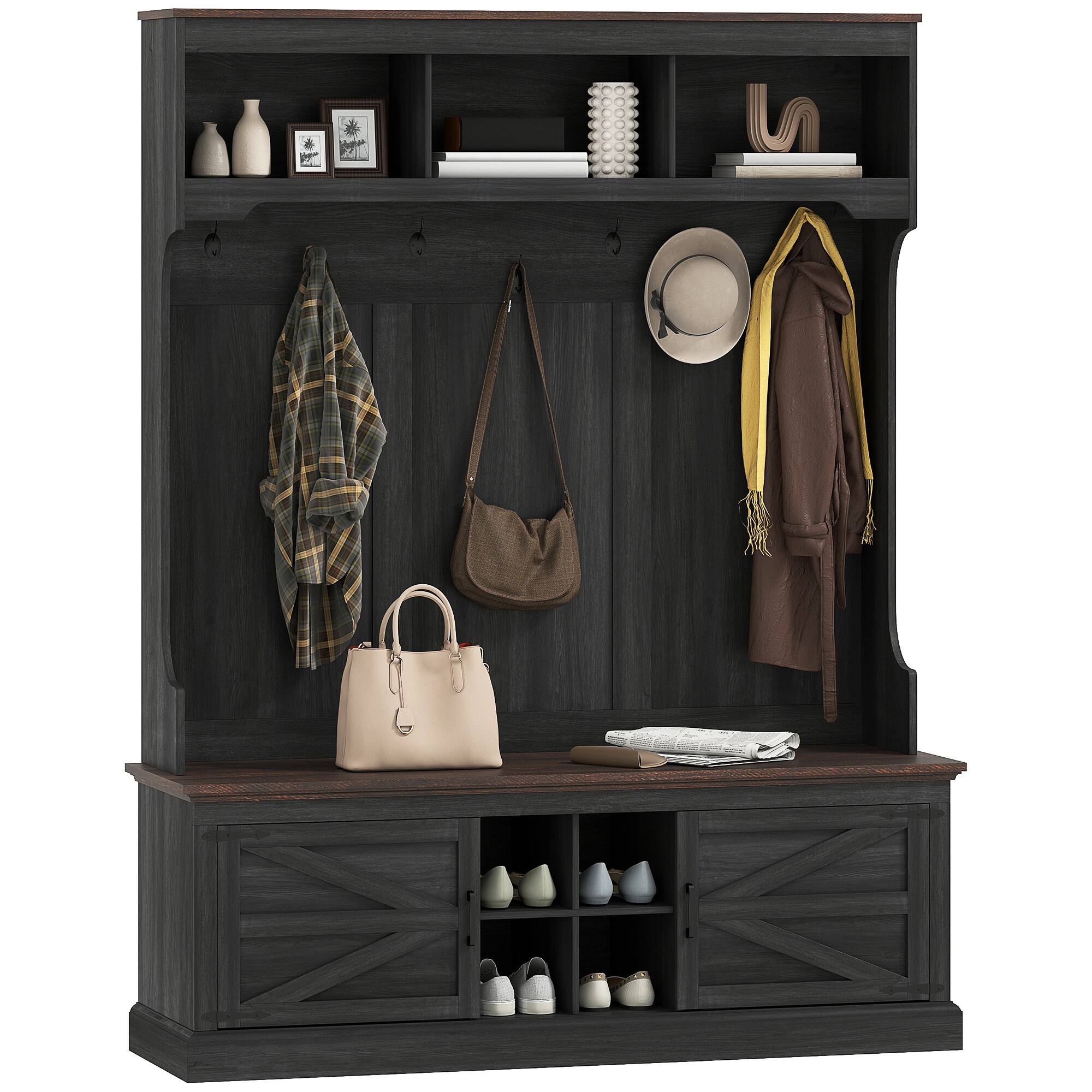 Homcom - 3-in-1 Hall Tree with Shoe Storage, Standing Coat Rack with Shoe Bench, Entryway Furniture with Seven Hooks - Black Wood Grain