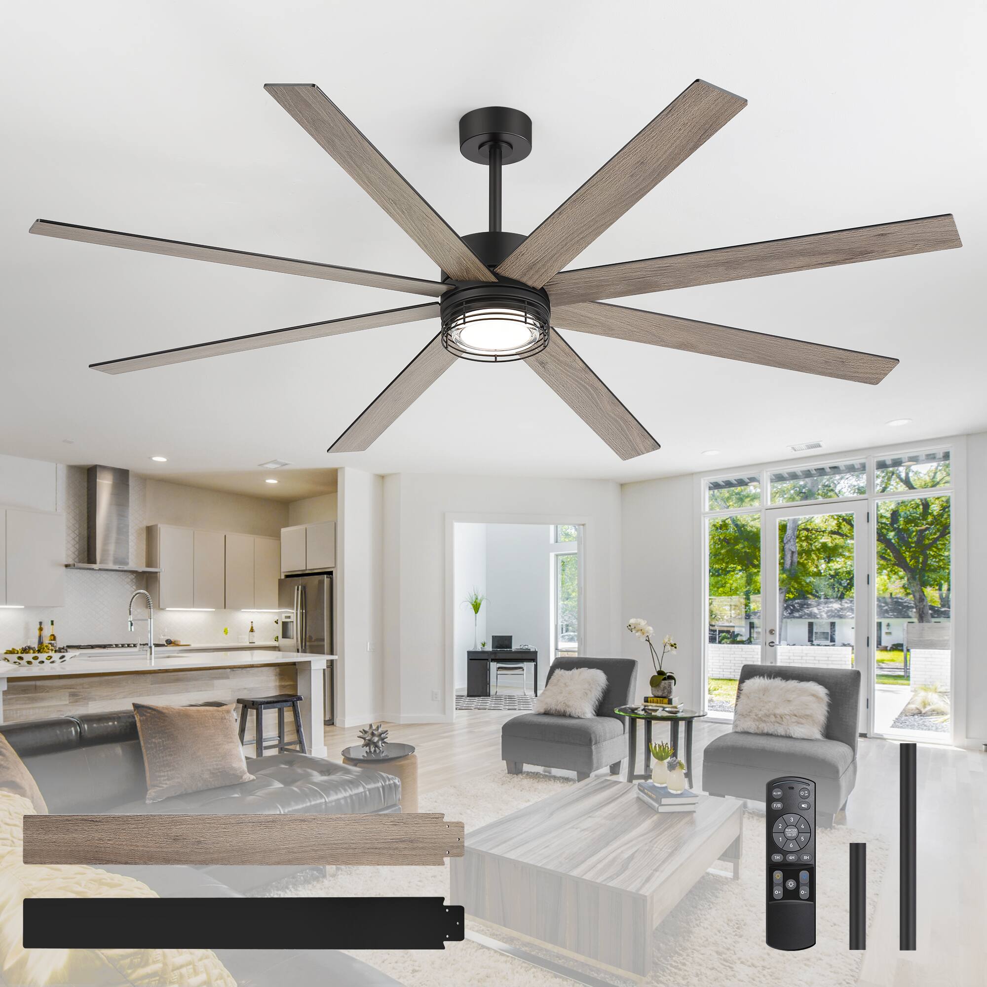 Back. Breezary - 72-Inch Modern Ceiling Fan with Dimmable 3-Color LED Light 8 Blades DC Motor Remote Timer Downrod Mount - 72-inch Black and Wood Grain.