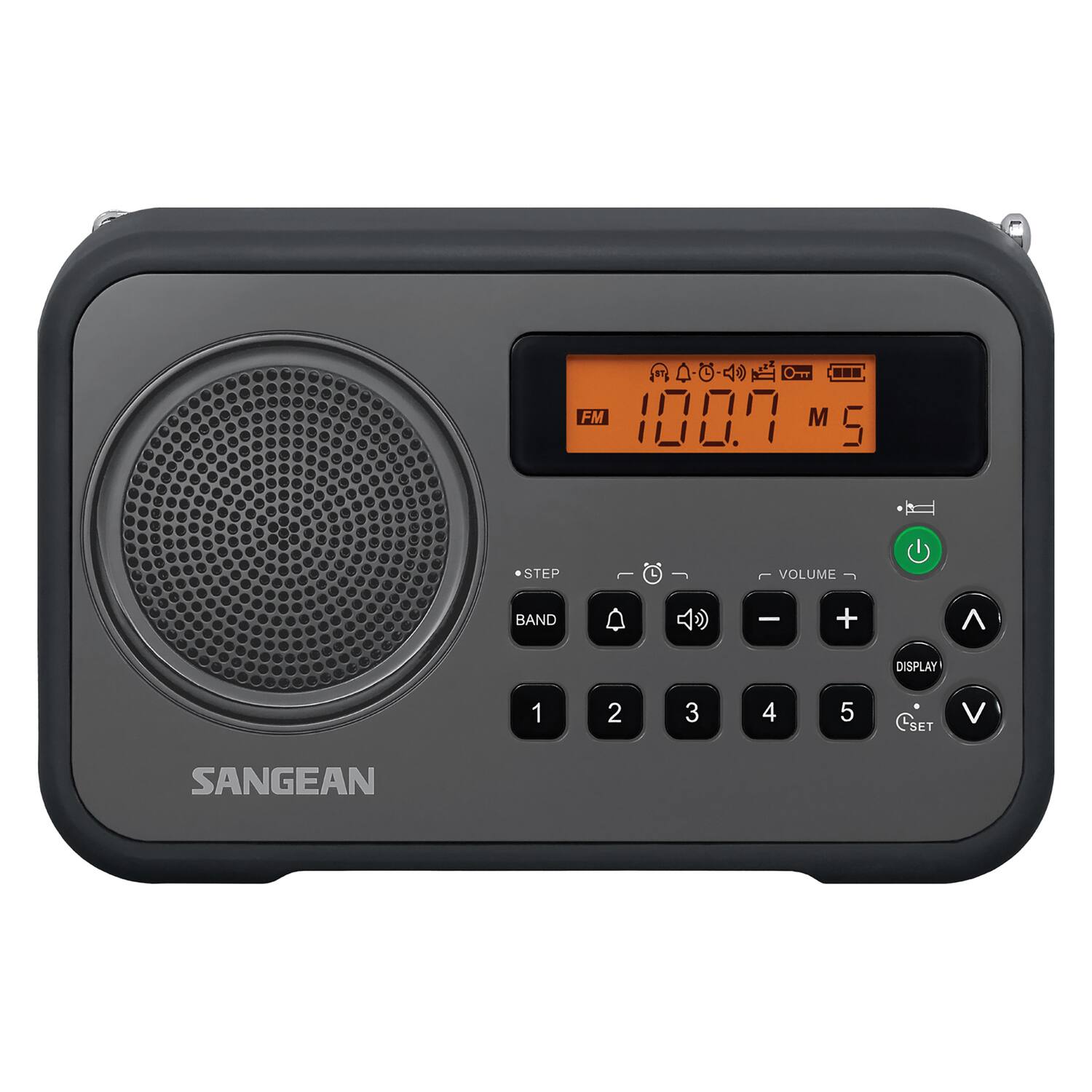 FM 100.7 M 5 STEP VOLUME BAND A 4) - + ^ DISPLAY 1 2 3 4 5 CSET SET V SANGEAN