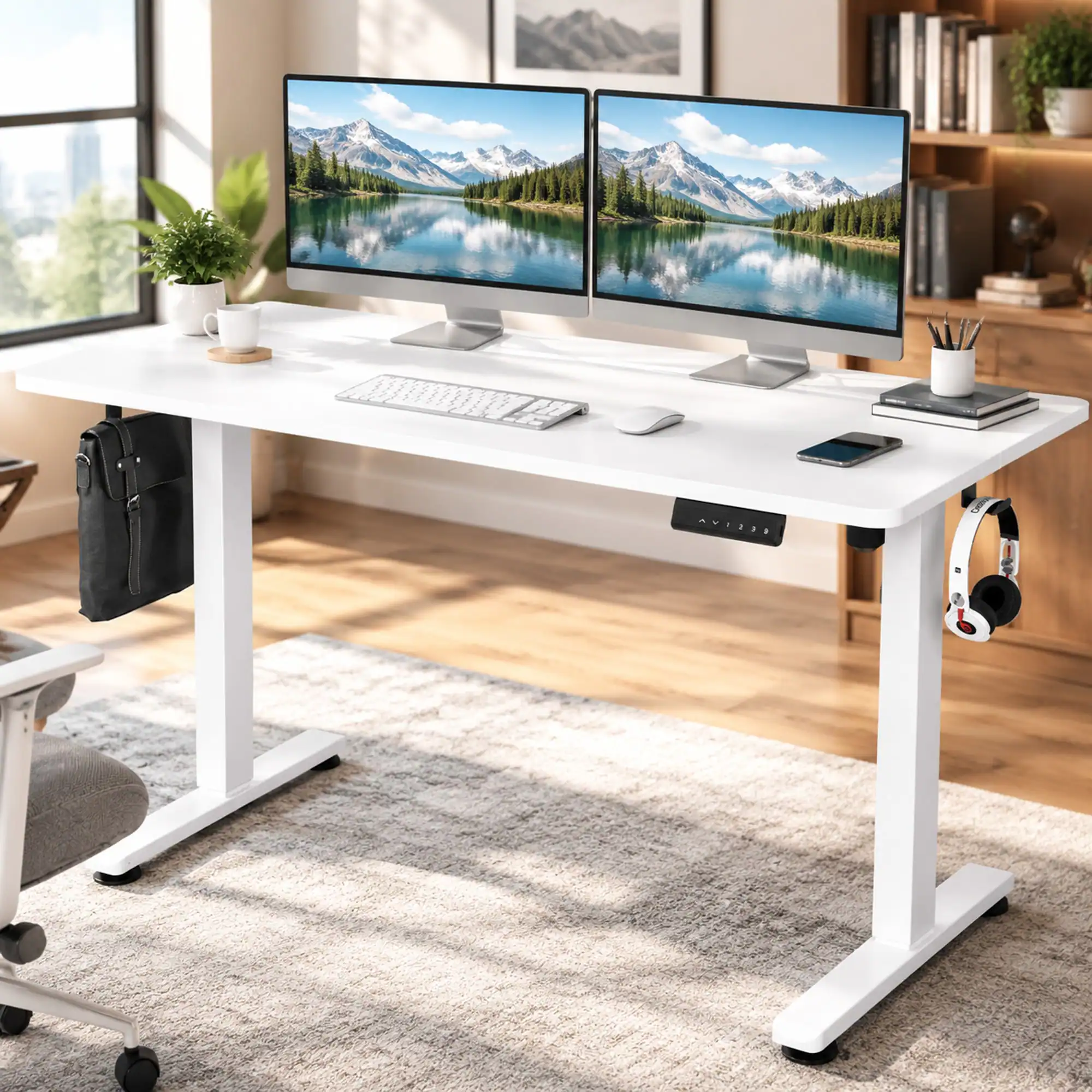 Front. RYHNUYNE - Electric Standing Desk 40 x 24 Inches Sit Stand Home Office Desk, Carbon Steel Frame with 4 Memory Heights and Splice - White.