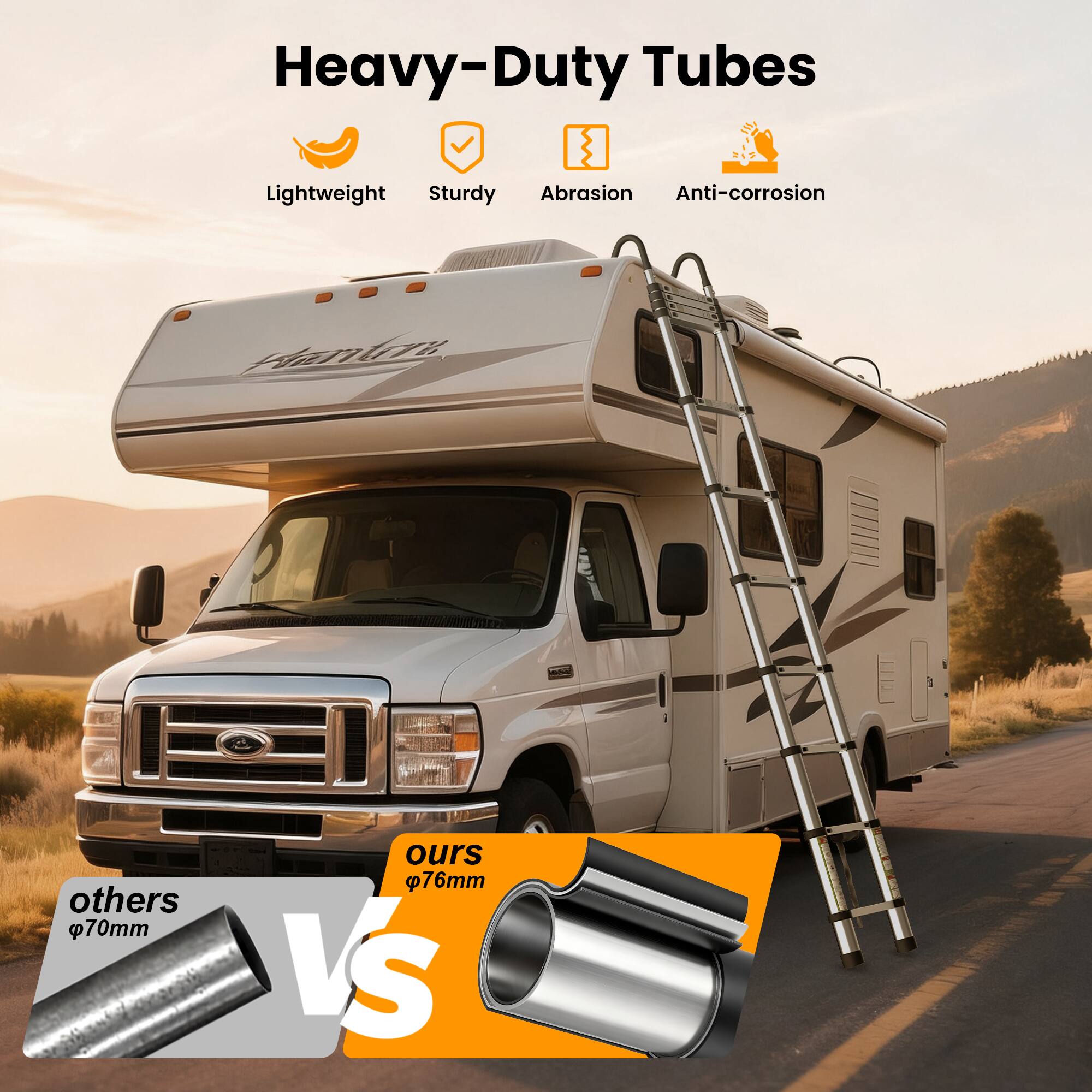 Heavy-Duty Tubes  
Lightweight Sturdy Abrasion Anti-corrosion  

others  
⌀70mm  

VS  

ours  
⌀76mm