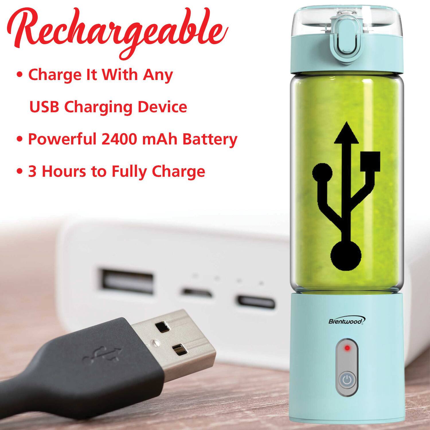 Rechargeable  
- Charge It With Any USB Charging Device  
- Powerful 2400 mAh Battery  
- 3 Hours to Fully Charge  

Brentwood