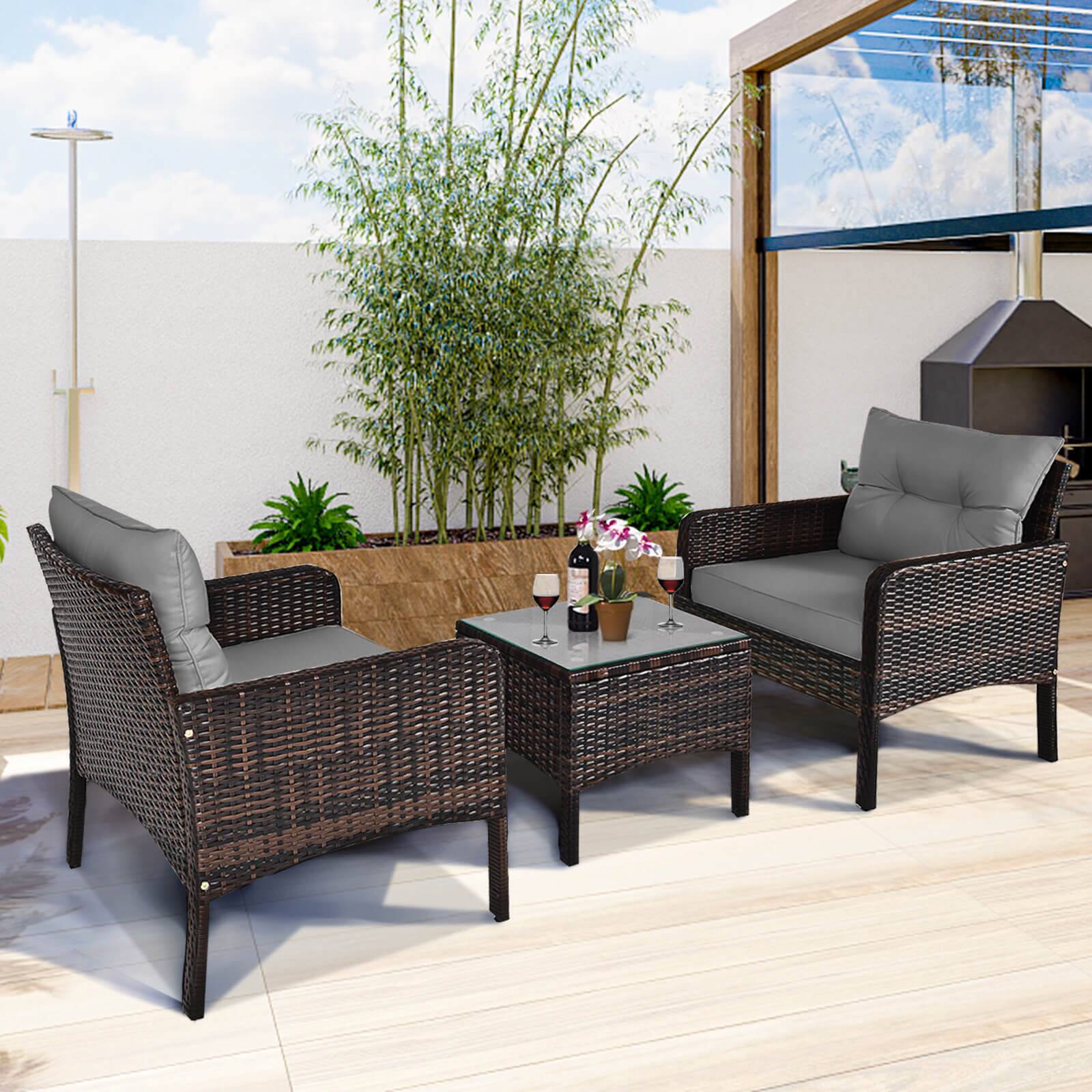 Alt View 3. Costway - Costway 3 PCS Patio PE Wicker Furniture Set with Cushions and Tempered Glass Coffee Table - Gray.