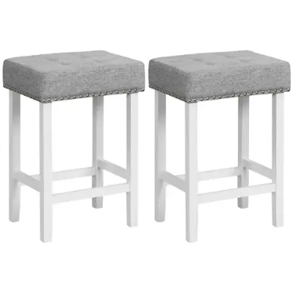 Front. Costway - Set of 2 Bar Stools Tufted Upholstered Counter Height Chairs with Rubber Wood Legs - White/Gray.