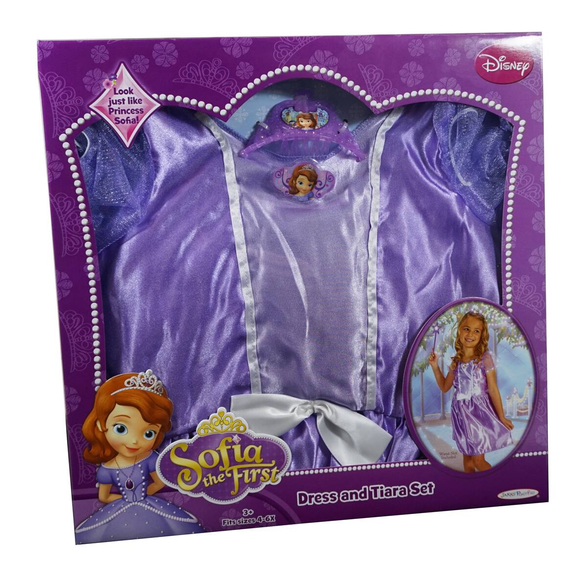 Disney Sofia the First Dress and Tiara Set  
Look just like Princess Sofia!  
Fits sizes 4-6X  
Ages 3+