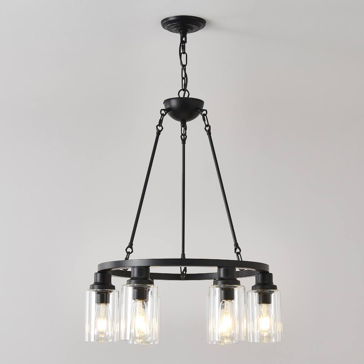 Back. Loheer - Loheer Six Light Wagon Wheel Chandelier Matte Black Farmhouse Ceiling Light with Seeded Glass and E26 Sockets.