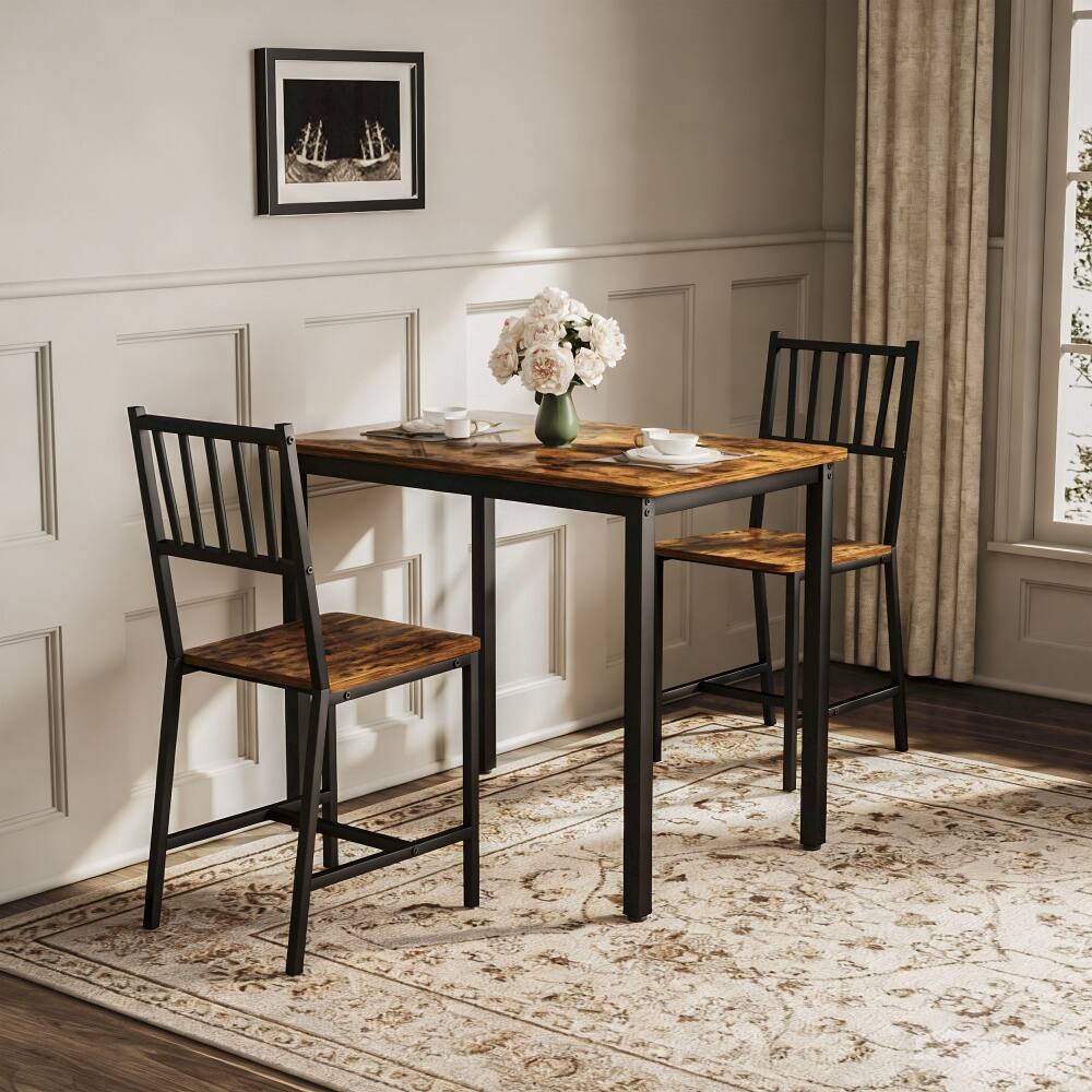 Angle. Loheer - Loheer 3-Piece Dining Table Set, Rustic Brown Industrial Kitchen Table with 2 Chairs for Small Spaces - Rustic Brown and Black.