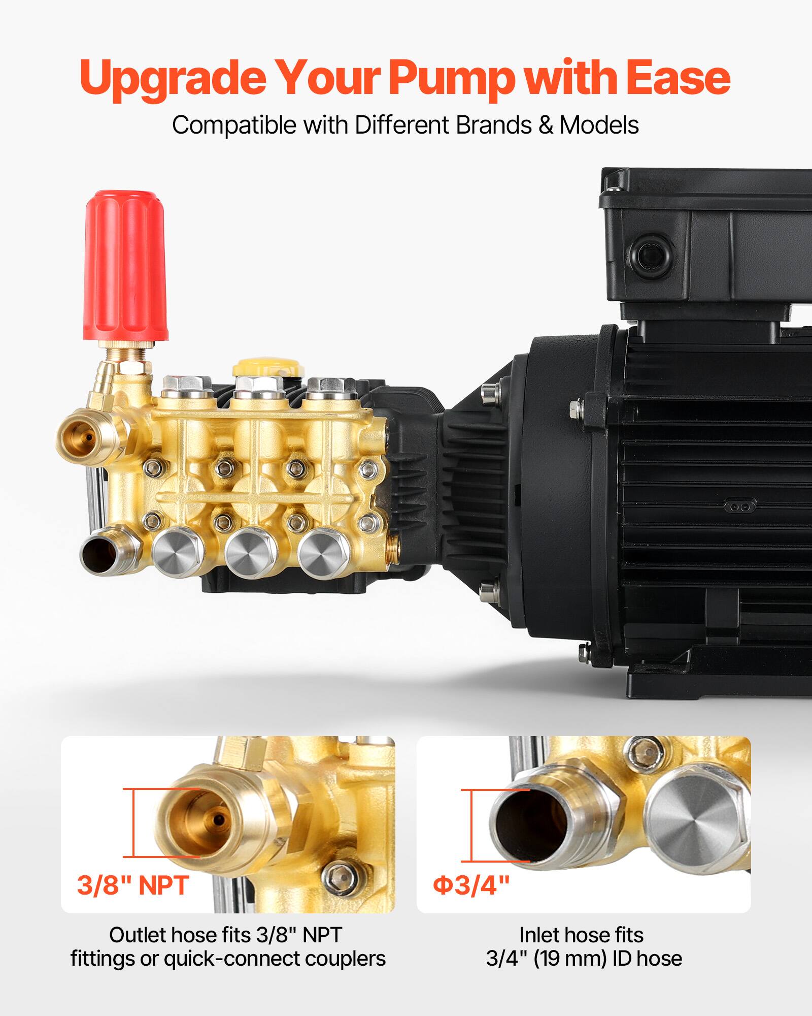 Upgrade Your Pump with Ease  
Compatible with Different Brands & Models  

3/8" NPT  
Outlet hose fits 3/8" NPT fittings or quick-connect couplers  

Φ3/4"  
Inlet hose fits 3/4" (19 mm) ID hose