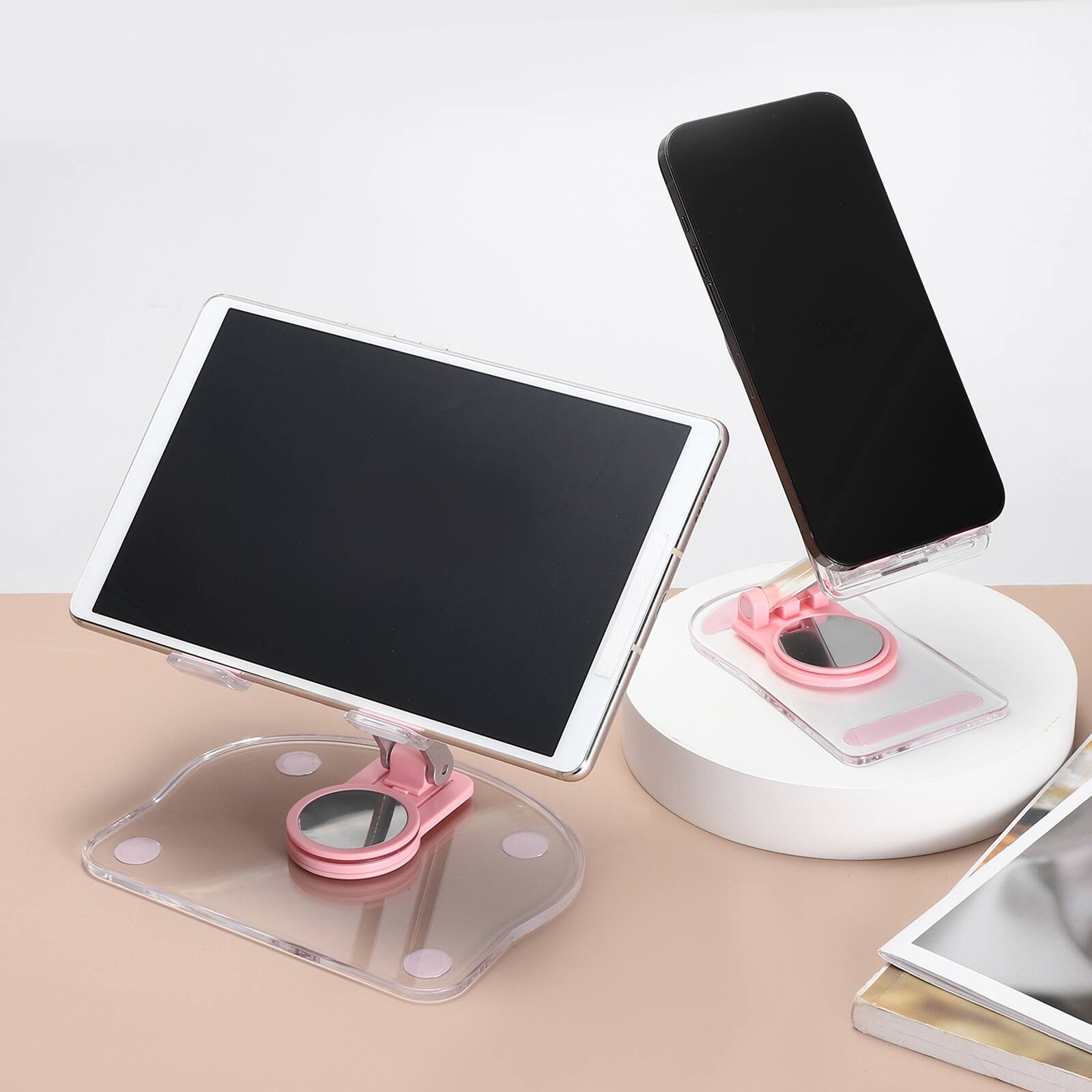 Alt View 5. Unique Bargains - Acrylic Tablet & Phone Holder, Adjustable Foldable Clear with 360 Degree Rotating Base for Desk Home Office - Pink.