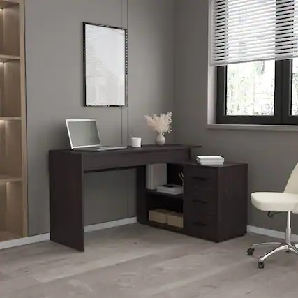 Front. Loheer - Loheer Black Wengue Desk with 3 Drawers and 2 Shelves Home Office Computer Desk - Black Wengue.