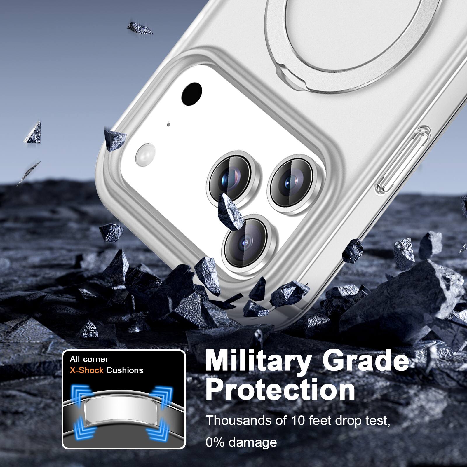 All-corner X-Shock Cushions  
Military Grade Protection  
Thousands of 10 feet drop test, 0% damage