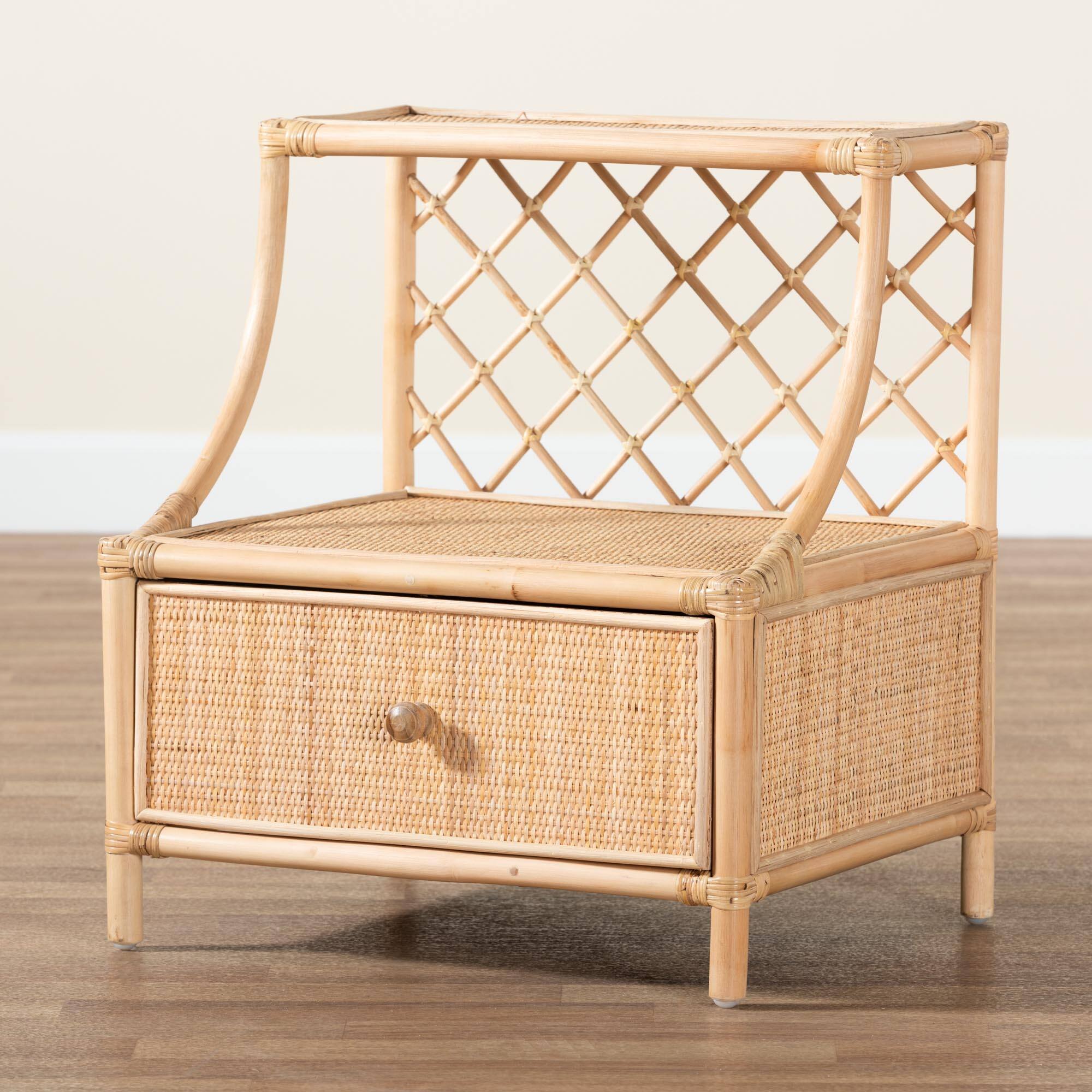 Alt View 5. bali & pari - Lalo Modern Bohemian Rattan 1-Drawer Nightstand - Natural Brown.