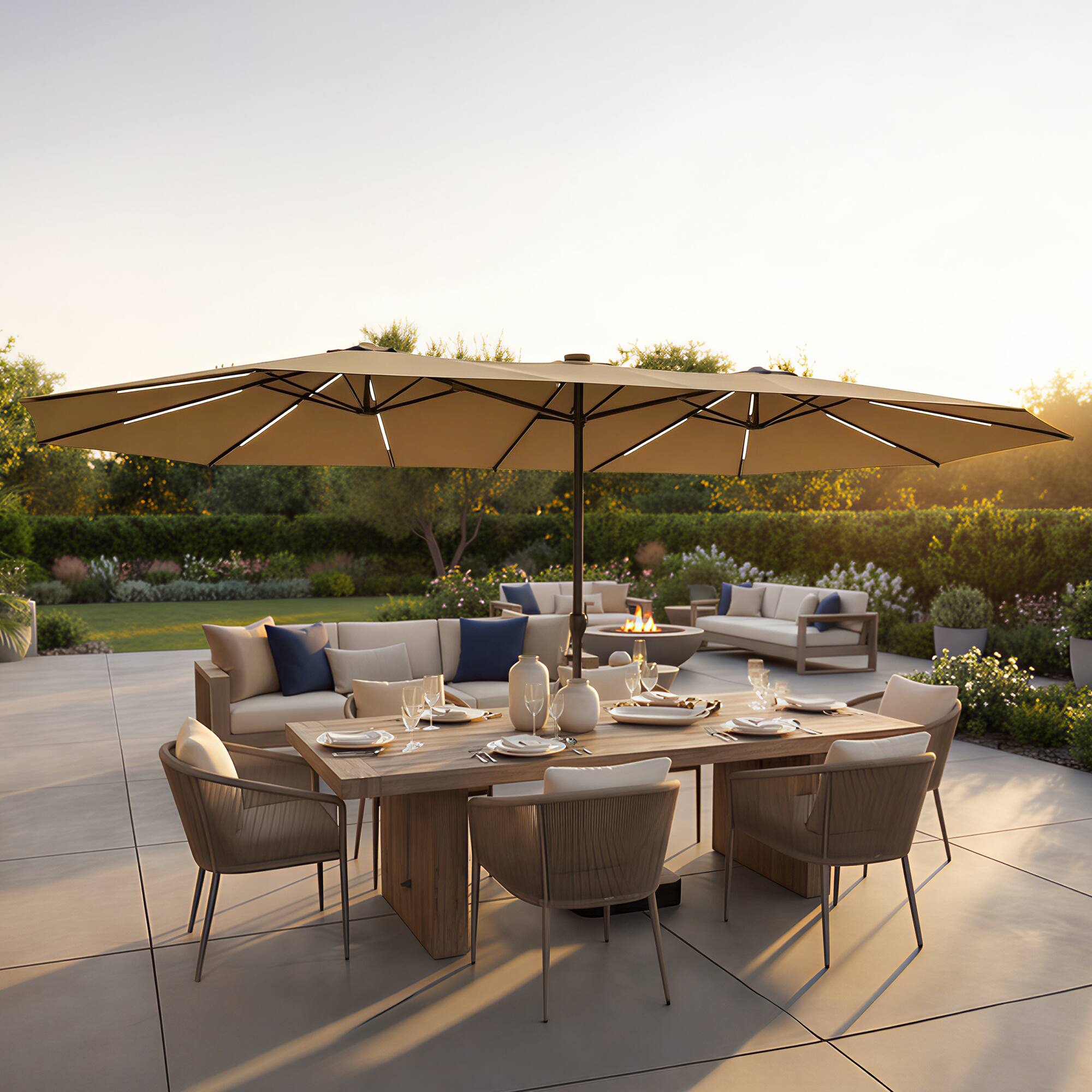 Back. Famapy - Double Top Patio Umbrella with LED Lights Outdoor Market UmbrellaLarge Twin Canopy Deck Umbrella for Patio Garden - Sand.