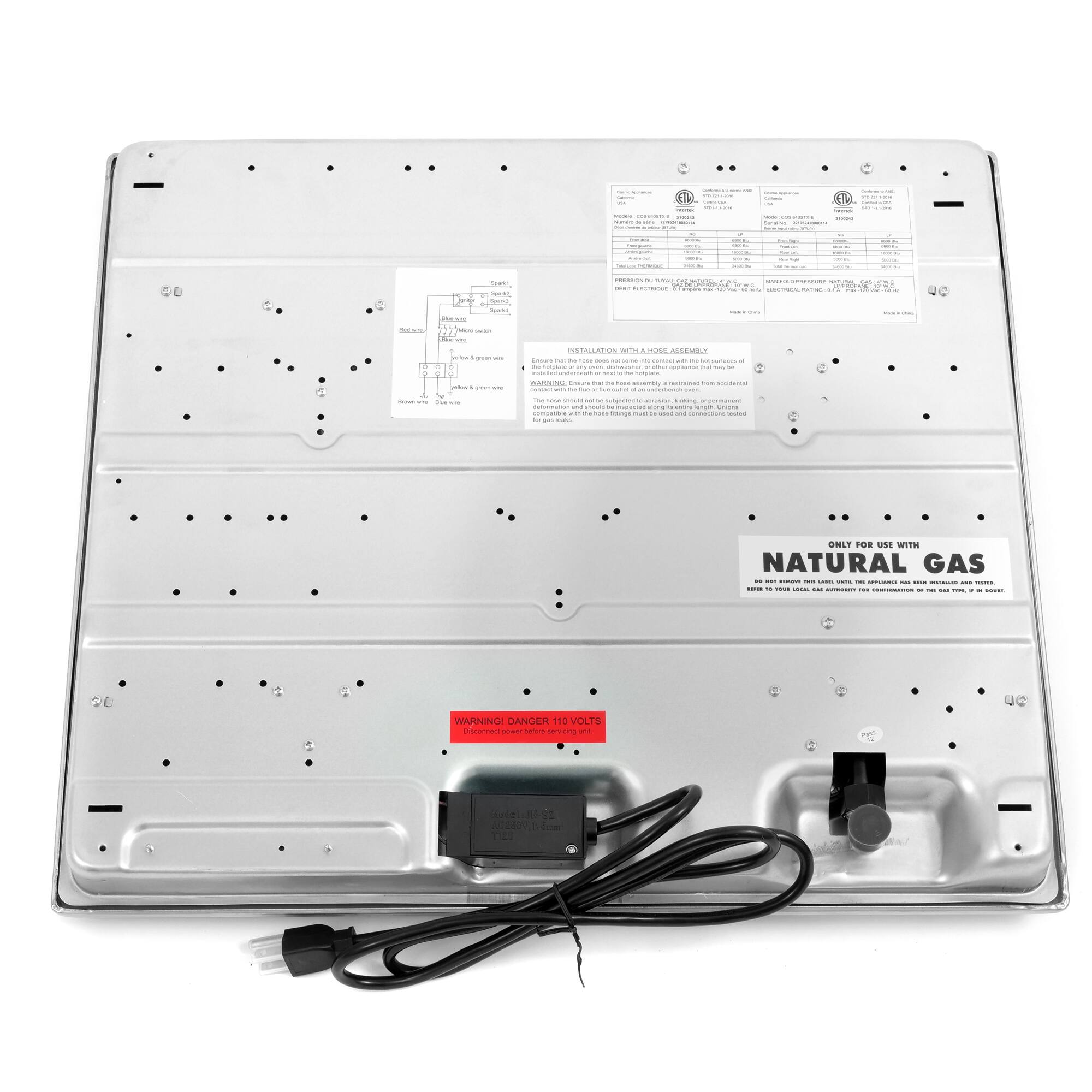 Sure, here is the corrected and grouped text from the image:

---

**Top Section:**

- **Specifications:**
  - Model: TCS-100
  - Voltage: 110V
  - Frequency: 60Hz
  - Power: 1000W
  - Gas Type: Natural Gas
  - Gas Pressure: 1/2" NPT
  - Gas Consumption: 100,000 BTU/Hr
  - Dimensions: 17.5" x 17.5" x 4.5"
  - Weight: 15 lbs

- **Installation with a Hose Assembly:**
  - Ensure the hose assembly is resistant to accidental damage.
  - The hose must be installed with a gas fitting that is rated for natural gas.
  - The hose must be installed with a gas fitting that is rated for natural gas.
  - The hose must be installed with a gas fitting that is rated for natural gas.
  - The hose must be installed with a gas fitting that is rated for natural gas.

- **Warning:**
  - Do not use with any other gas than natural gas.
  - Do not use with any other gas