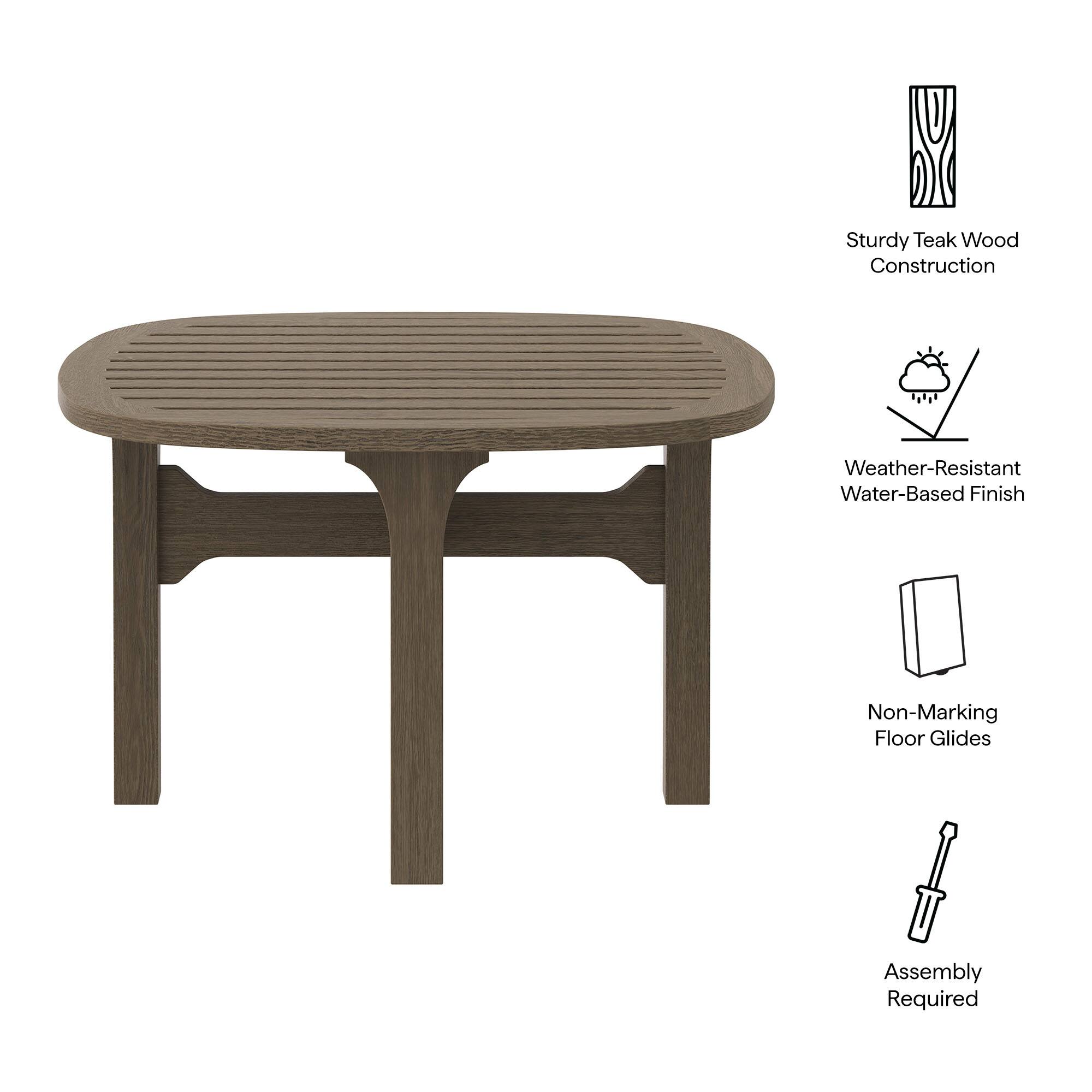 - Sturdy Teak Wood Construction
- Weather-Resistant Water-Based Finish
- Non-Marking Floor Glides
- Assembly Required