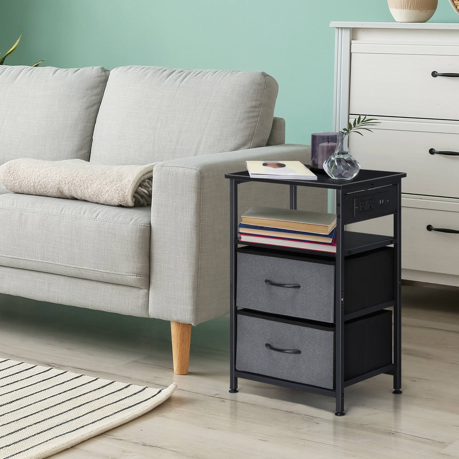 Alt View 1. Oumilen - Wood Nightstand with Built-in Charging Station & 2 Fabric Drawers, Black - Gray.