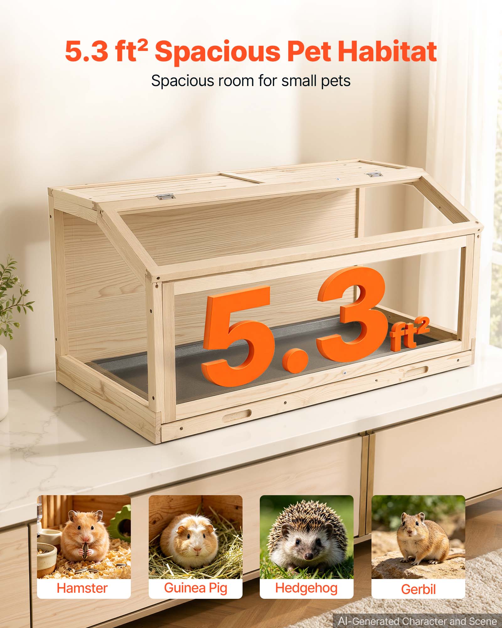 5.3 ft² Spacious Pet Habitat  
Spacious room for small pets  
Hamster  
Guinea Pig  
Hedgehog  
Gerbil  
AI-Generated Character and Scene
