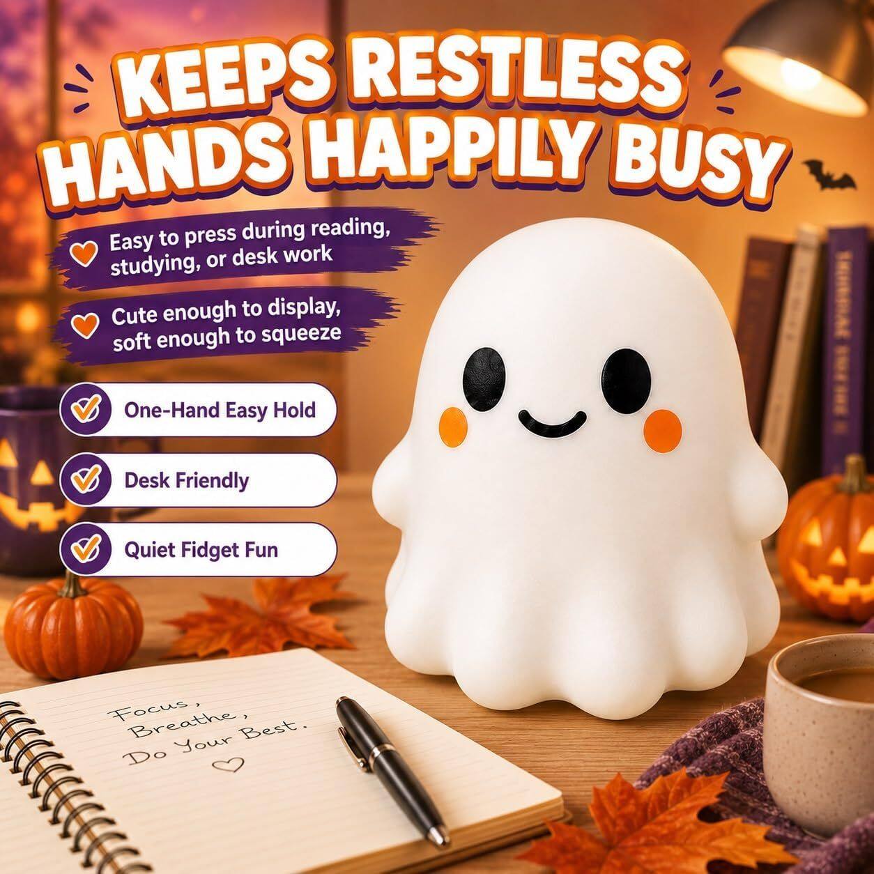 KEEPS RESTLESS HANDS HAPPILY BUSY

- Easy to press during reading, studying, or desk work
- Cute enough to display, soft enough to squeeze
- One-Hand Easy Hold
- Desk Friendly
- Quiet Fidget Fun

Focus, Breathe, Do Your Best.
