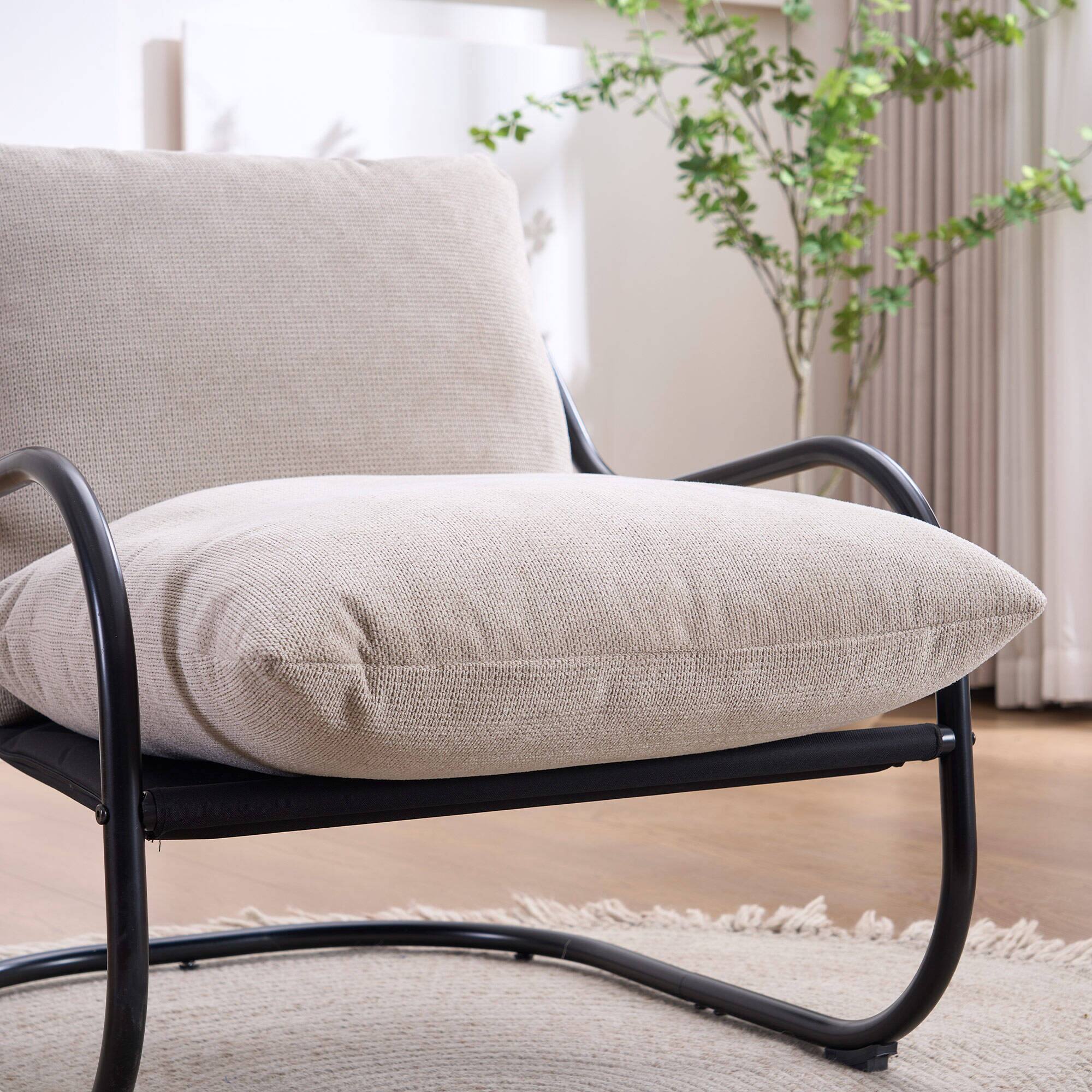 Left. FERPIT - FERPIT Modern Curved Accent Chair with Faux Linen Upholstery, Comfy Lounge Chair with Metal Frame & Cushions, Beige - Beige.