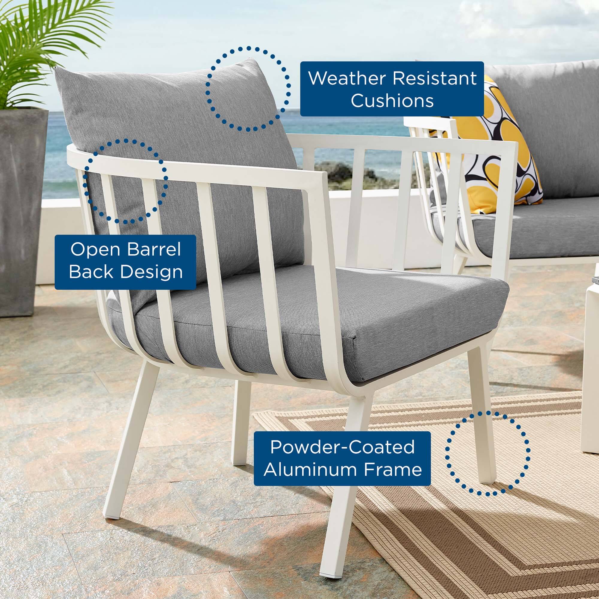 - Weather Resistant Cushions
- Open Barrel Back Design
- Powder-Coated Aluminum Frame
