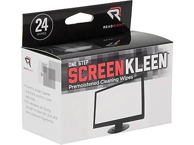 READRIGHT  
ONE STEP SCREENKLEEN  
Premoistened Cleaning Wipes  

24 WIPES  

Powerful screen cleaner and static control in one  
Non-abrasive, yet strong enough to clean dust, dirt and even stubborn fingerprints