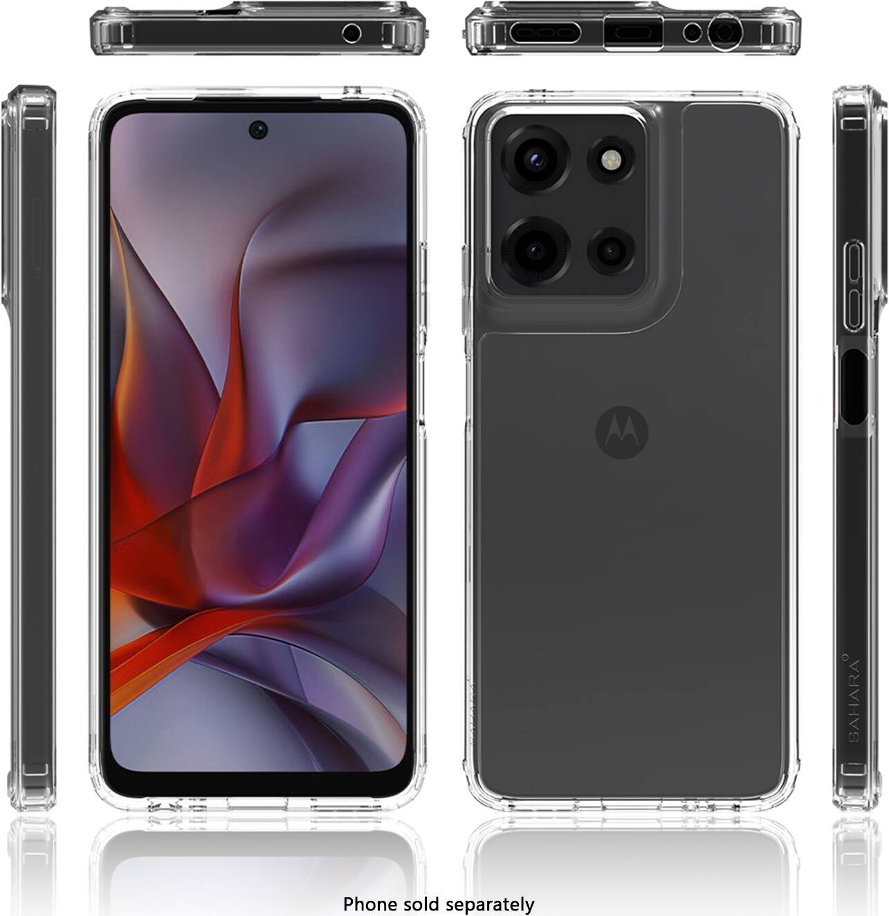 The image features a close-up view of a cell phone, specifically a Motorola phone. The phone is shown in two different orientations, one with the camera side facing up and the other with the screen side facing up. The phone is displayed in a case, which is also shown in the image. The text "Phone sold separately" is present in the image, indicating that the phone is not included with the case and must be purchased separately.