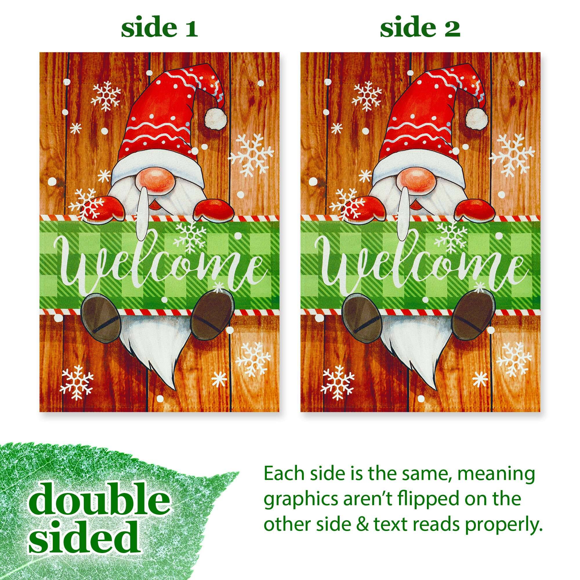 side 1 side 2  
Welcome Welcome  
double sided  
Each side is the same, meaning graphics aren't flipped on the other side & text reads properly.