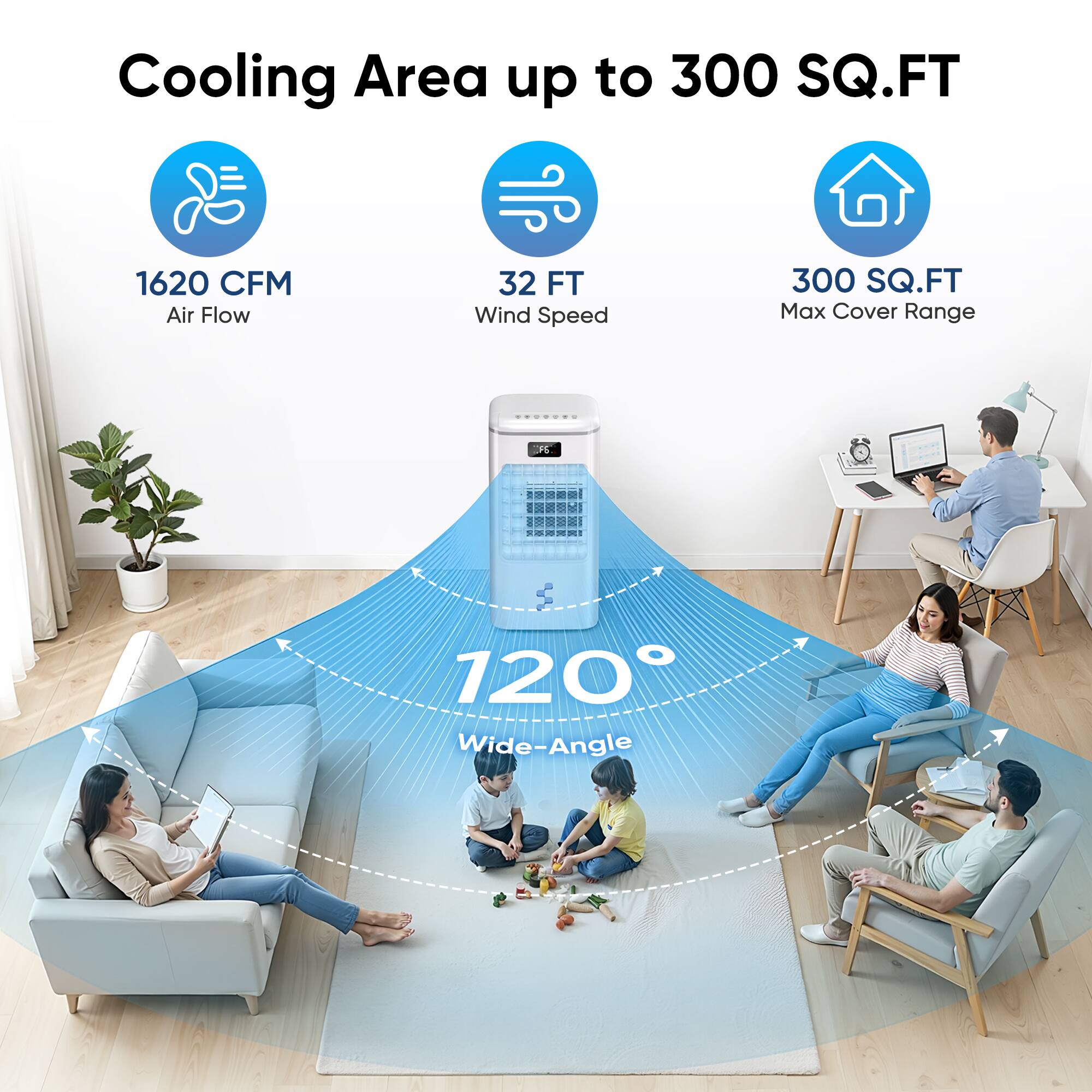 Cooling Area up to 300 SQ.FT  
1620 CFM Air Flow  
32 FT Wind Speed  
300 SQ.FT Max Cover Range  
120° Wide-Angle