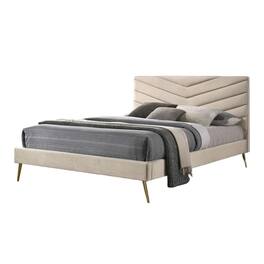 Manhattan Lane - Vevy Queen Size Bed, Chevron Tufted Beige Flannelette Upholstery - Beige, Gold