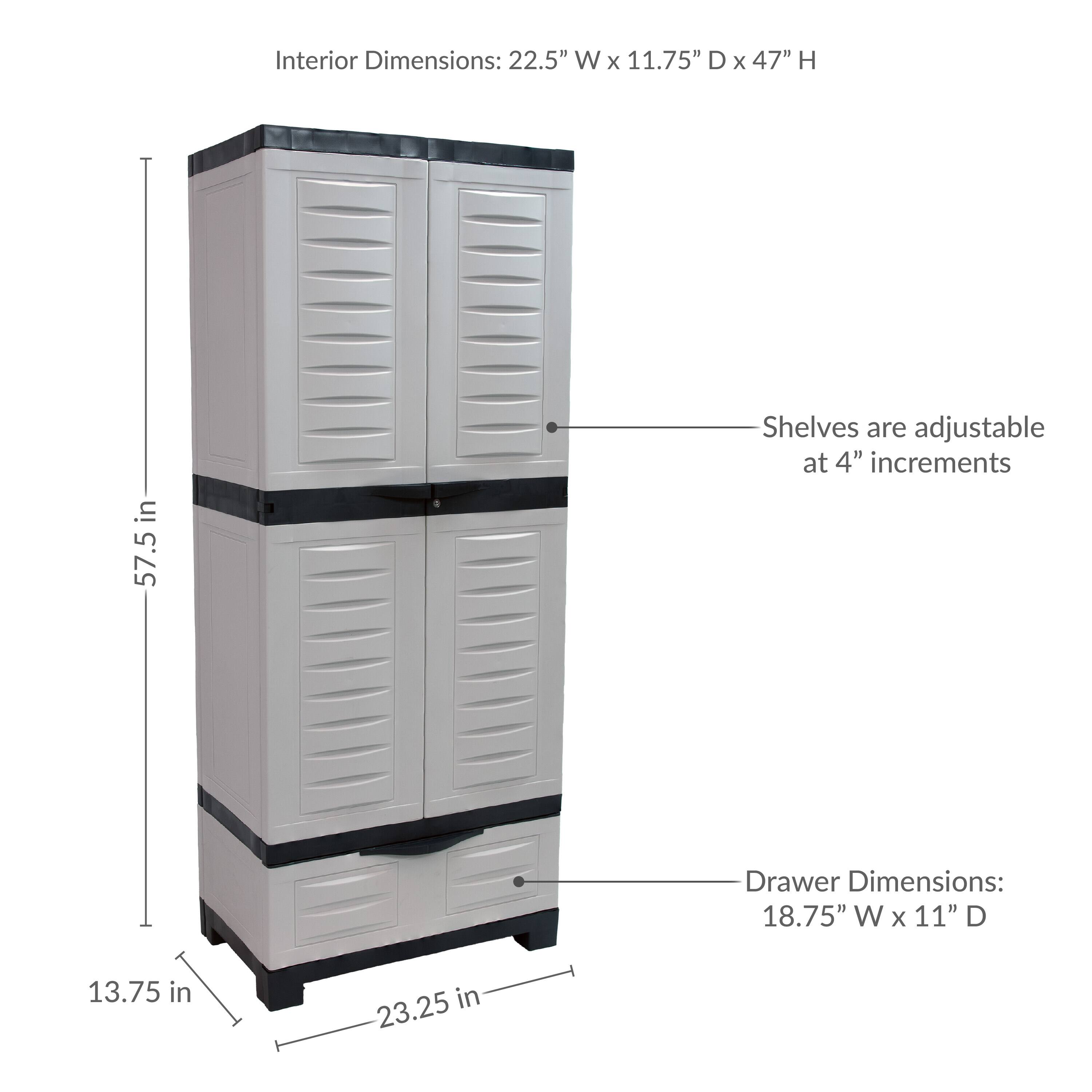 Interior Dimensions: 22.5" W x 11.75" D x 47" H  
Shelves are adjustable at 4" increments  
Drawer Dimensions: 18.75" W x 11" D