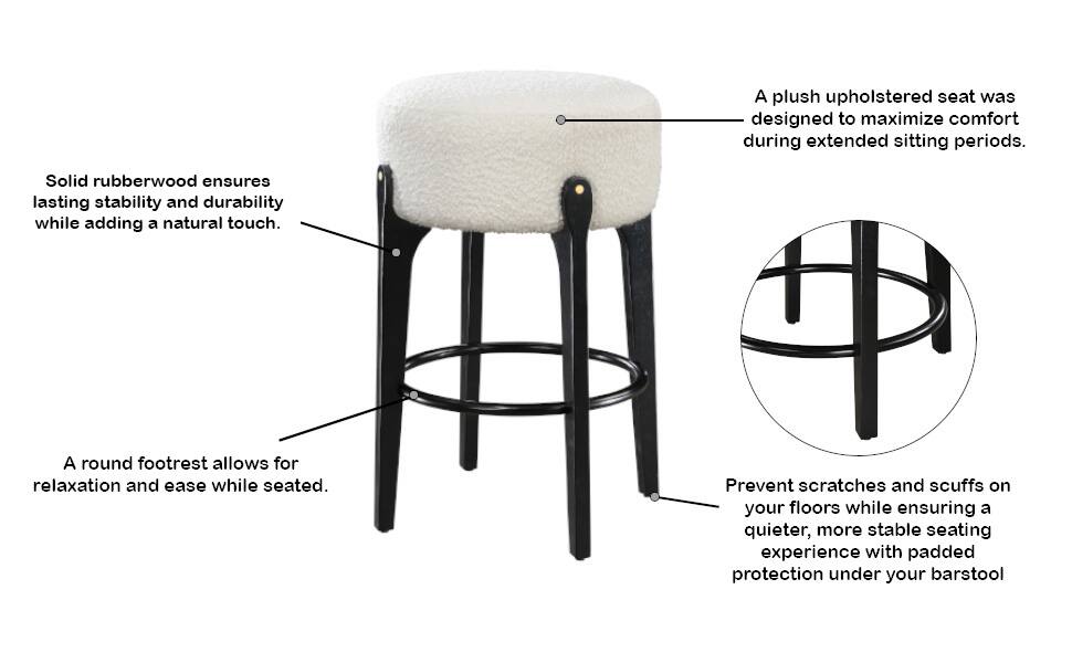 A plush upholstered seat was designed to maximize comfort during extended sitting periods. Solid rubberwood ensures lasting stability and durability while adding a natural touch. A round footrest allows for relaxation and ease while seated. Prevent scratches and scuffs on your floors while ensuring a quieter, more stable seating experience with padded protection under your barstool.