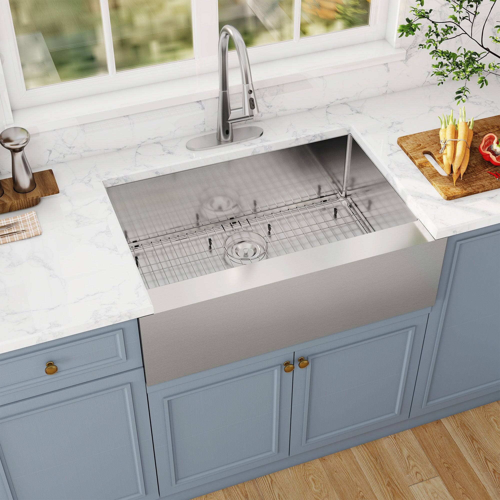 Alt View 4. Boyel Living - 33 in. Farmhouse Apron-Front Single Bowl 18-Gauge Silver Stainless Steel Kitchen Sink with Bottom Grid, Strainer Basket - Silver.