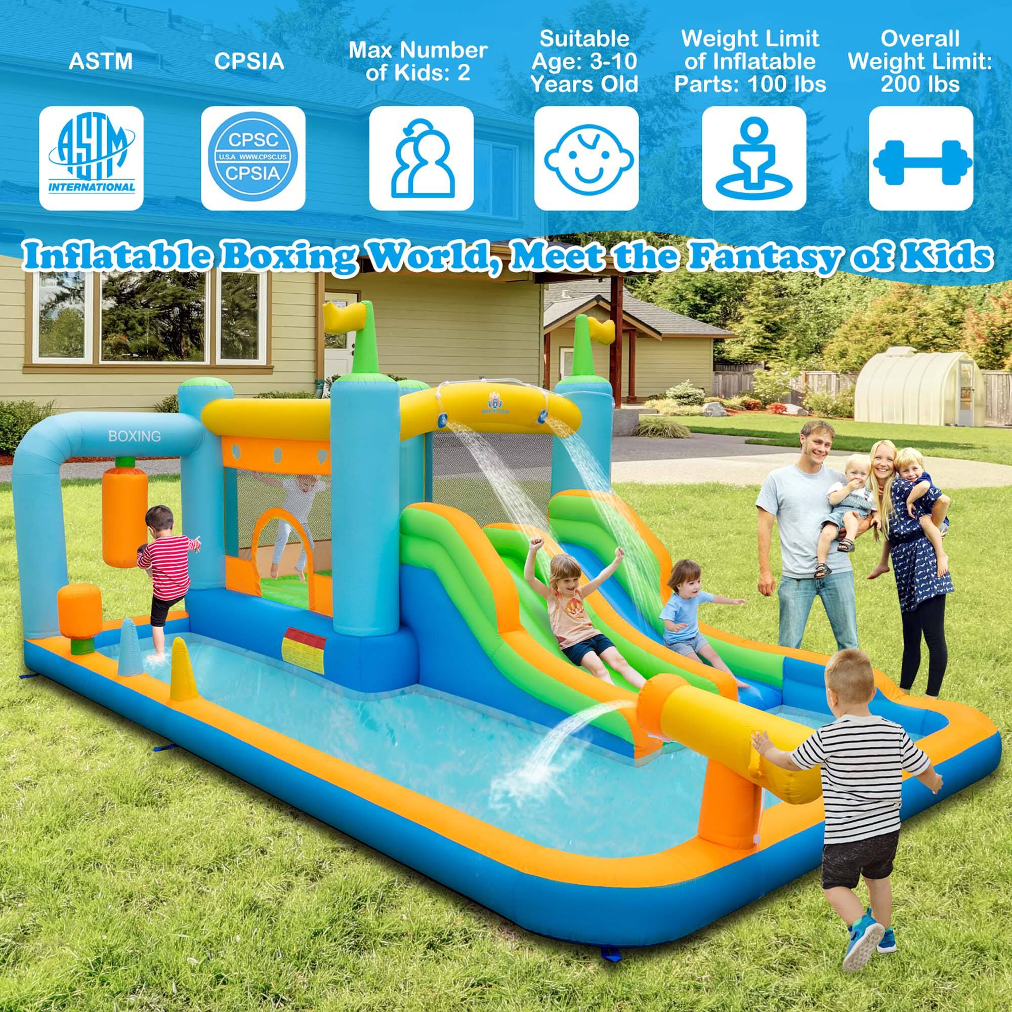 ASTM International  
CPSIA  
Max Number of Kids: 2  
Suitable Age: 3-10 Years Old  
Weight Limit of Inflatable Parts: 100 lbs  
Overall Weight Limit: 200 lbs  

Inflatable Boxing World, Meet the Fantasy of Kids