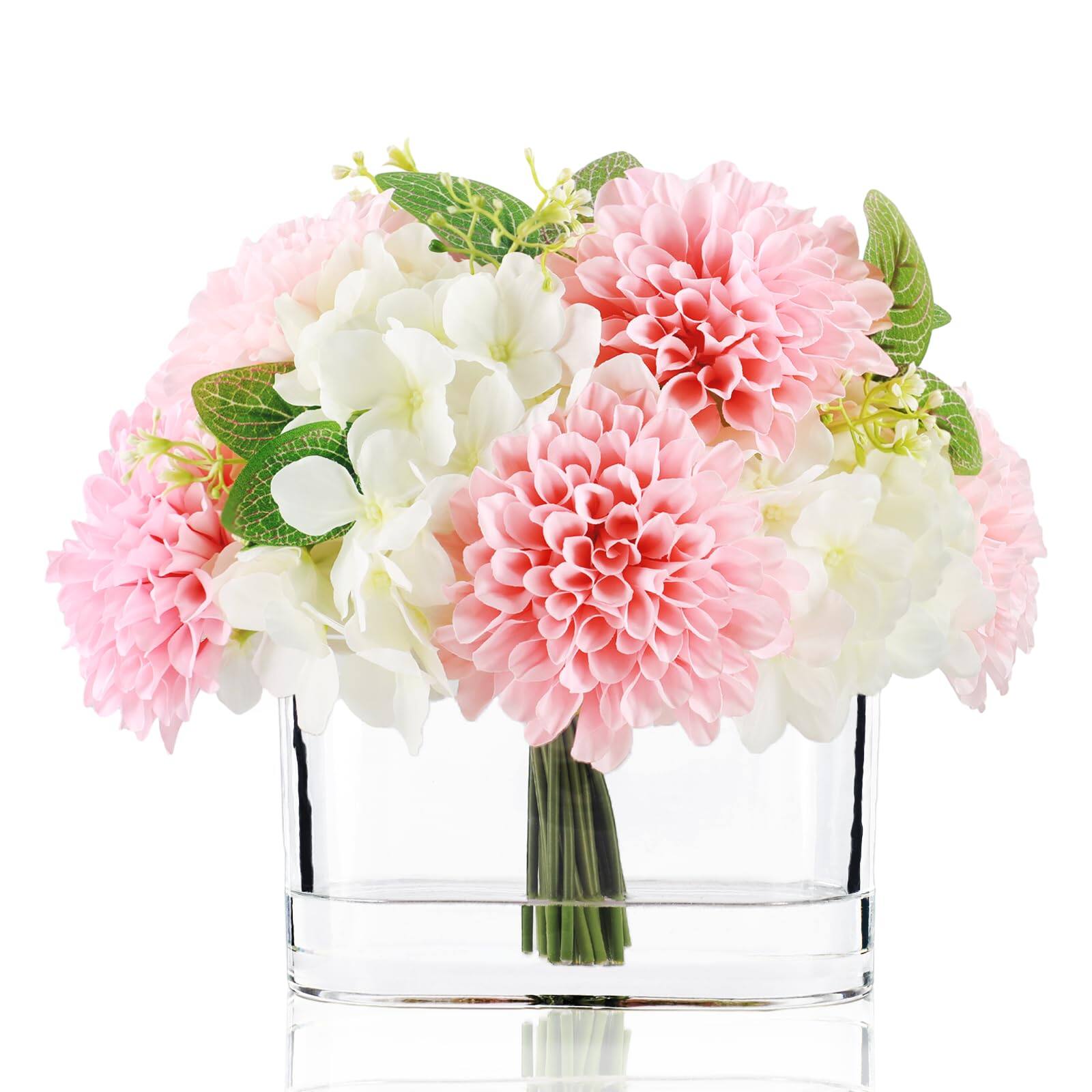 Left. Siljoy - Pink Silk Hydrangea & Dahlia Arrangement, Large Glass Vase, Home Wedding Decor Gift - pink.