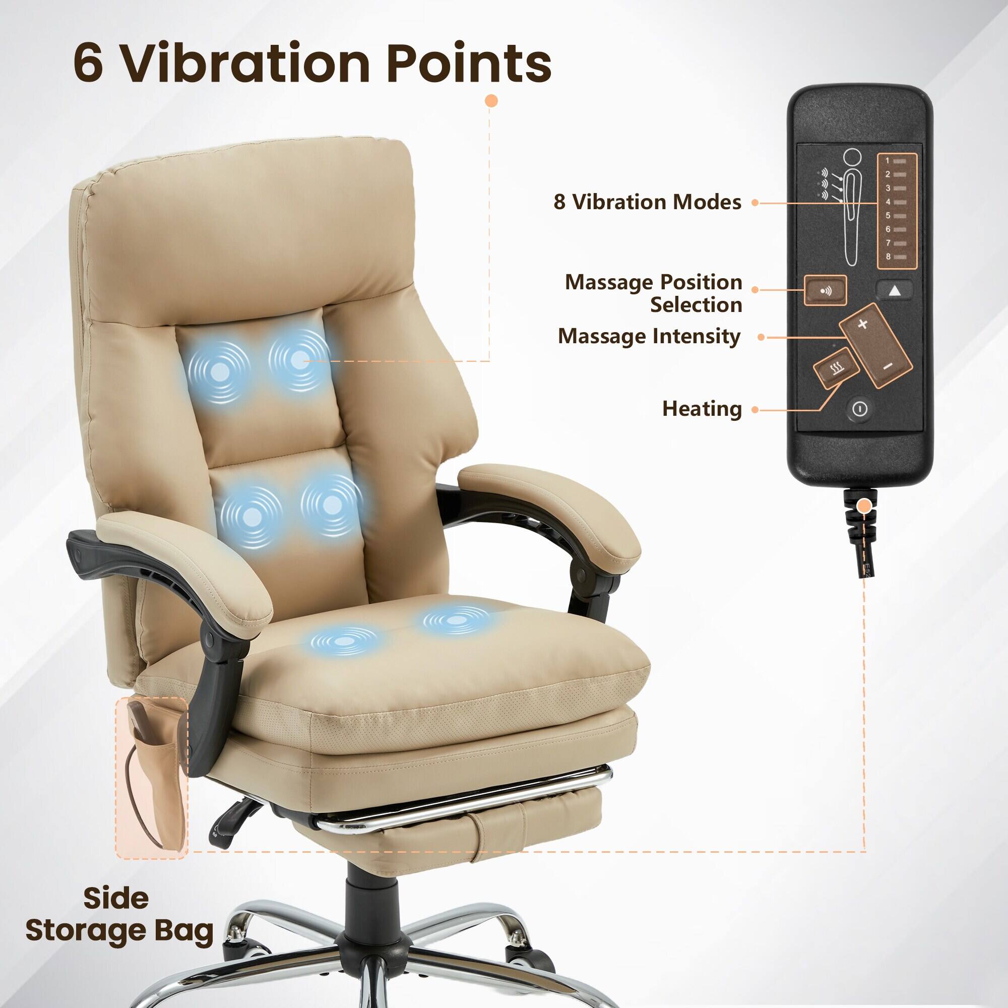 6 Vibration Points  
8 Vibration Modes  
Massage Position Selection  
Massage Intensity  
Heating  
Side Storage Bag