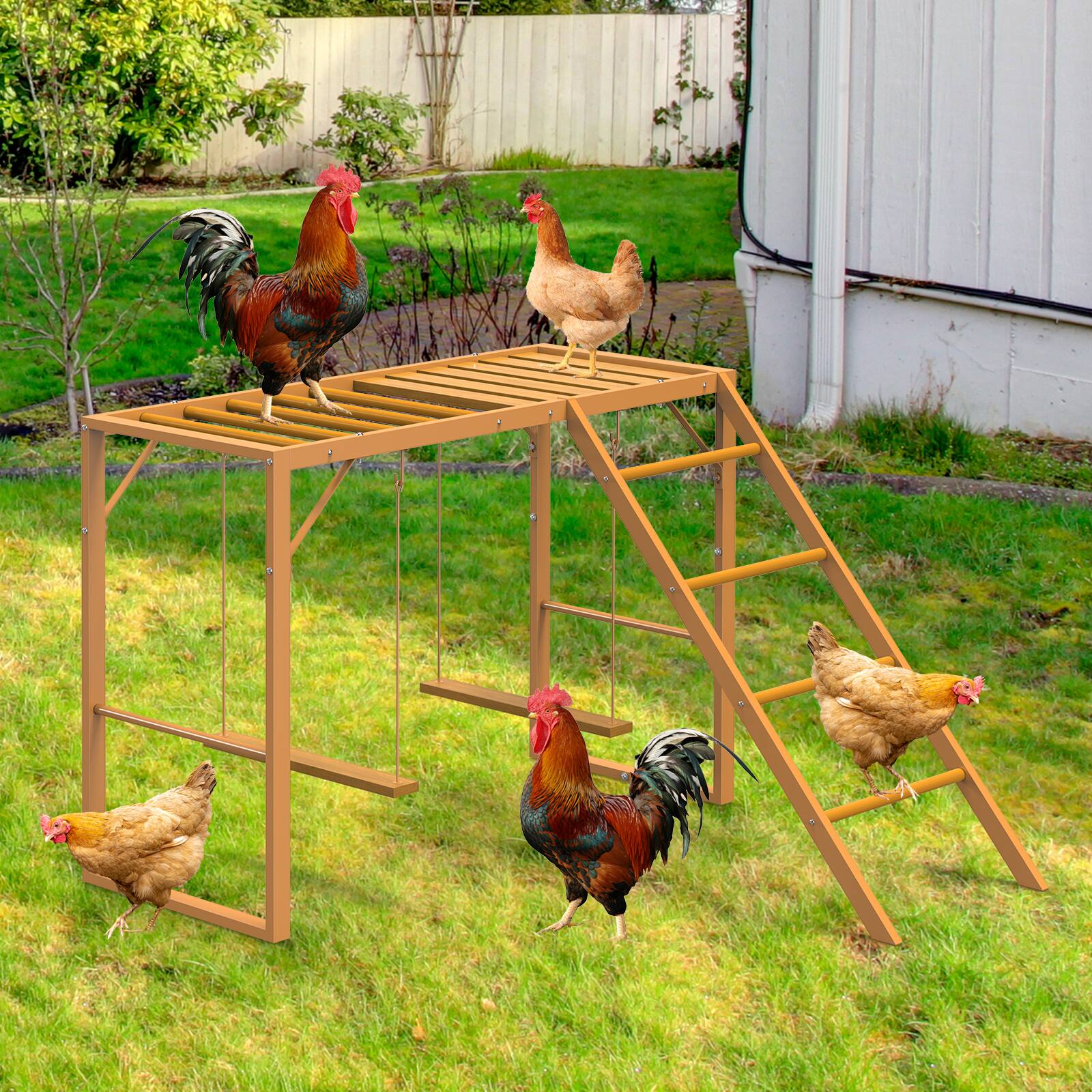Angle. Oumilen - Yellow Table-shaped Chicken Play Stand with Single Ladder & Dual Hanging Swings - Yellow.