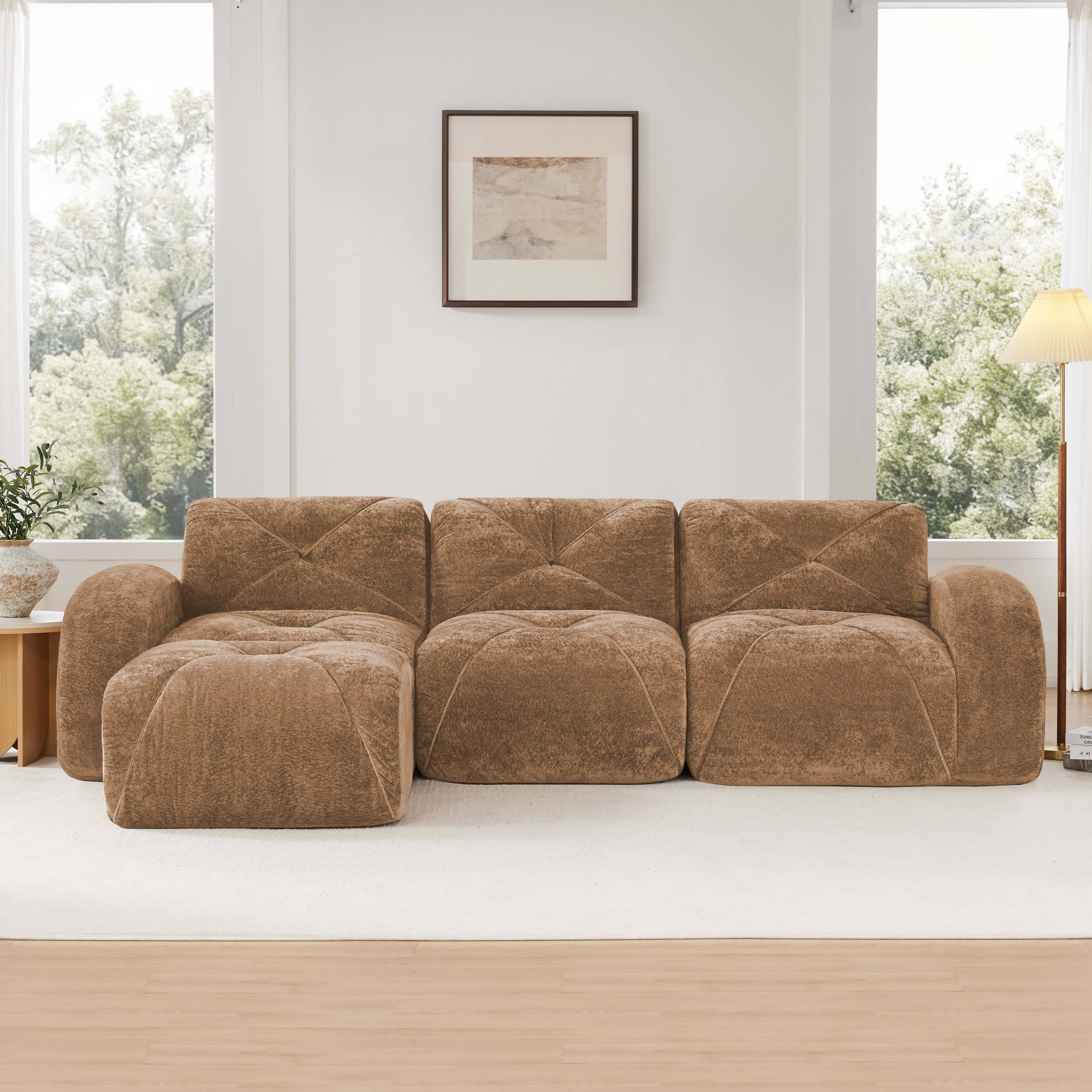 Left. LOVMOR - Velvet Couch L Shaped Storage Ottoman No Assembly Anti Slip Tufted For Living Room Apartment Lounge Soft TV XL - Camel.