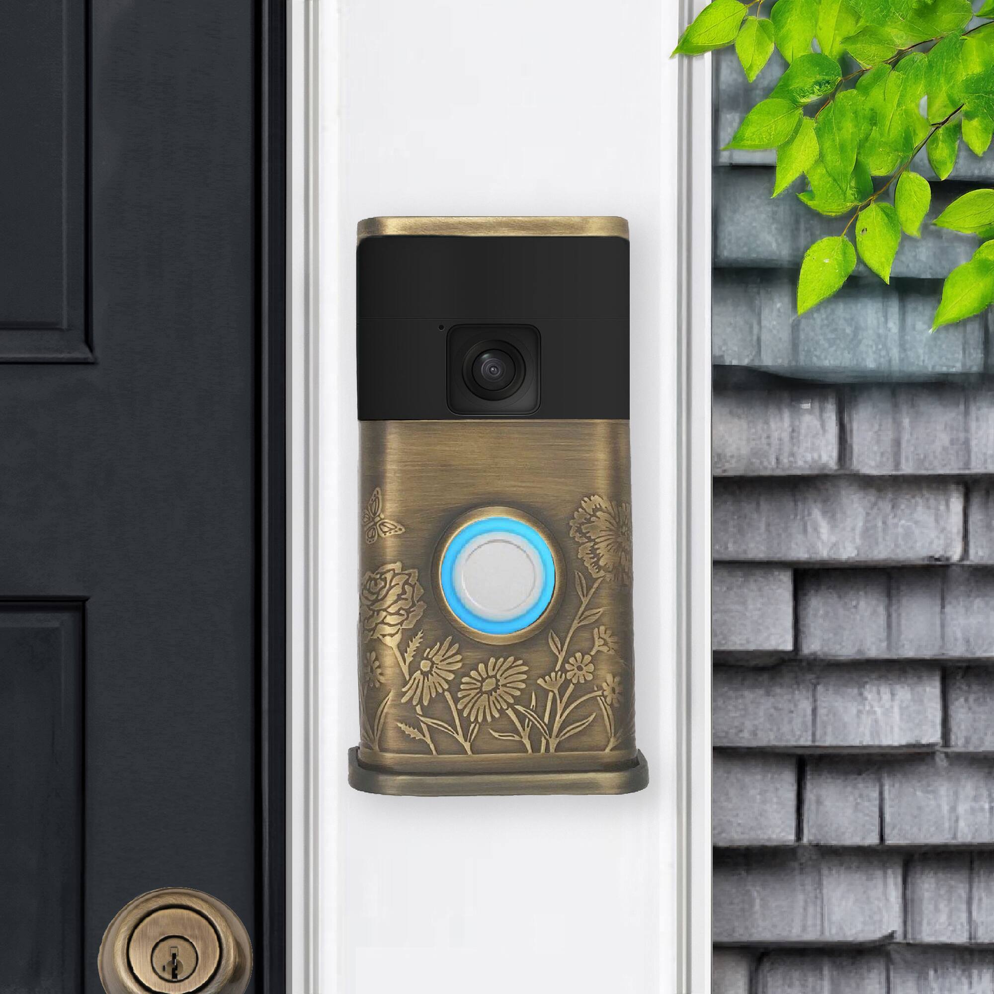 Alt View 3. Michael Healy - Garden Video Doorbell Cover (Ring Battery Doorbell 2024 Release) - Antique Brass.