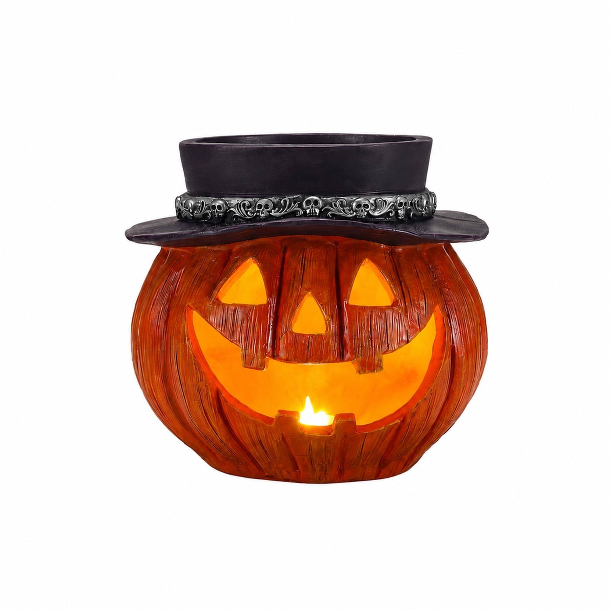 Front. RYHNUYNE - Halloween Pumpkin Candy Bowl with Witch Hat, Light Up Jack O Lantern Tabletop Storage for Spooky Home Party Decor - Yellow.