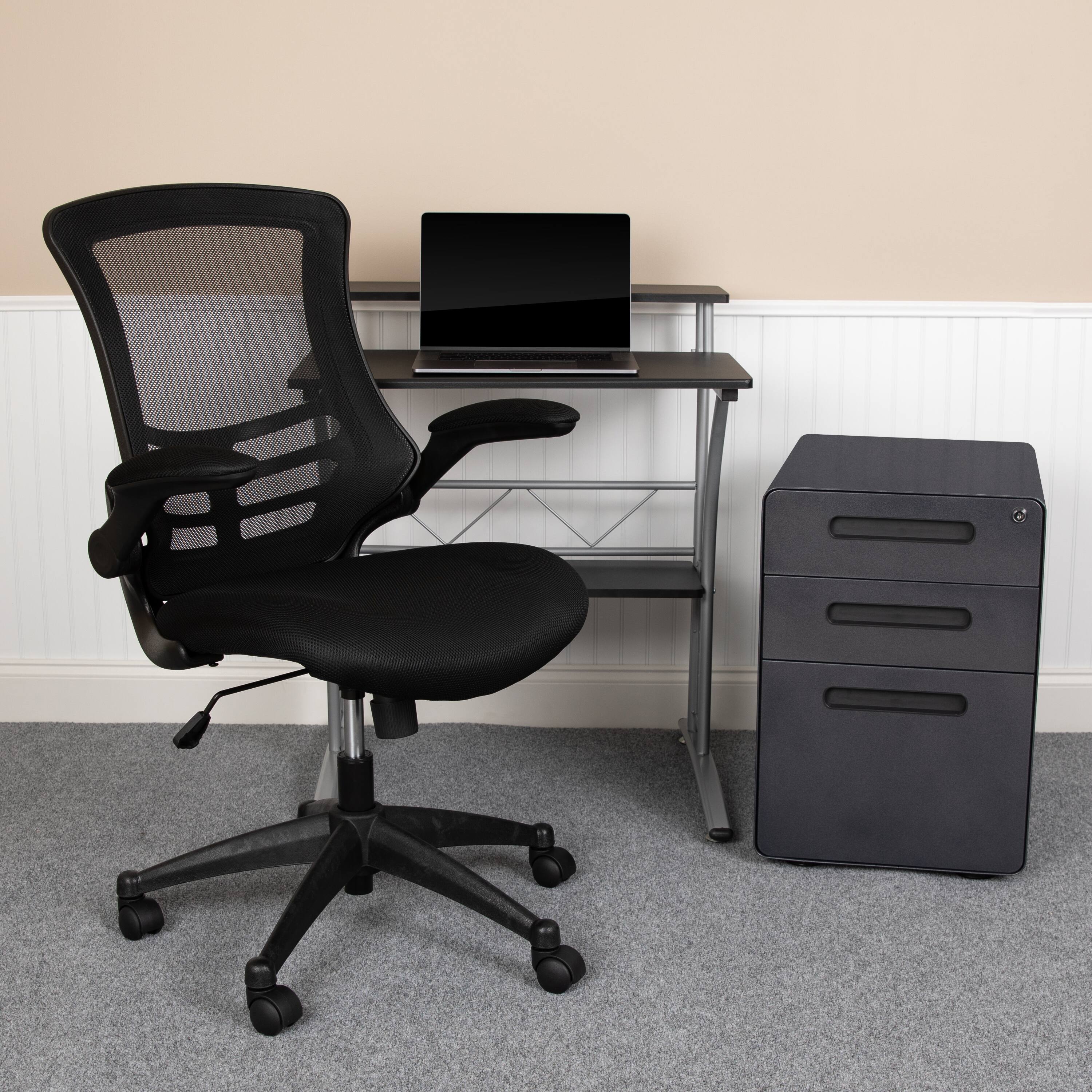 Alt View 1. Emma + Oliver - Work From Home Kit-Computer Desk, Ergonomic Mesh Office Chair, Filing Cabinet - Black.