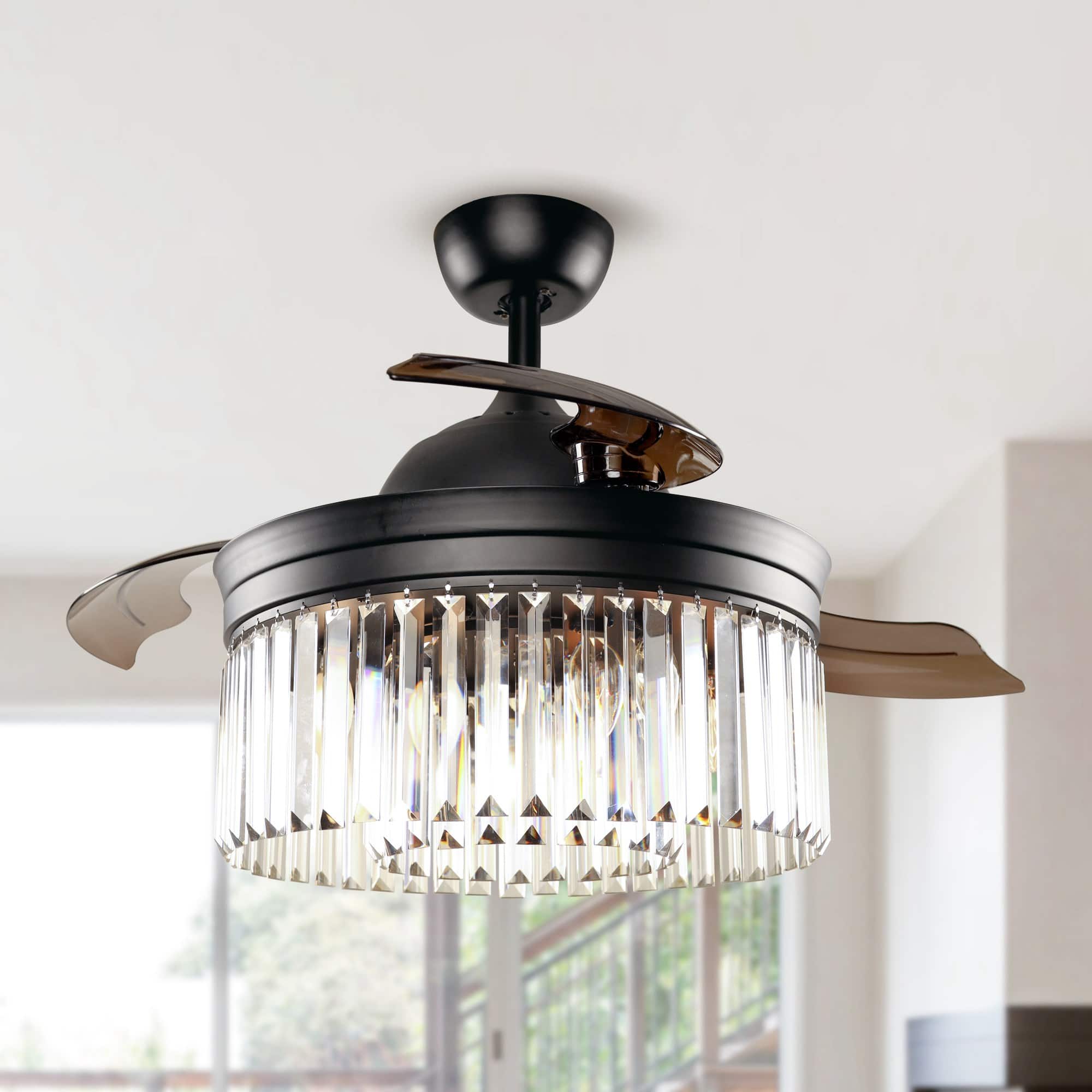Parrot Uncle - 42" Modern Retractable 3-Blade Crystal LED Ceiling Fan with Remote - Matte Black
