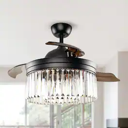 Parrot Uncle - 42" Modern Retractable 3-Blade Crystal LED Ceiling Fan with Remote - Matte Black