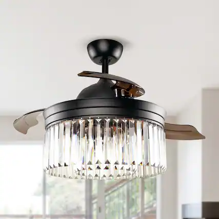 Front. Parrot Uncle - 42" Modern Retractable 3-Blade Crystal LED Ceiling Fan with Remote - Matte Black.