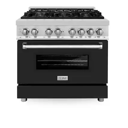 Front. ZLINE - 36" Legacy Dual Fuel Range with 6 Burner Cooktop and Electric Oven (RA-BLM-36) - Satin Steel/White.