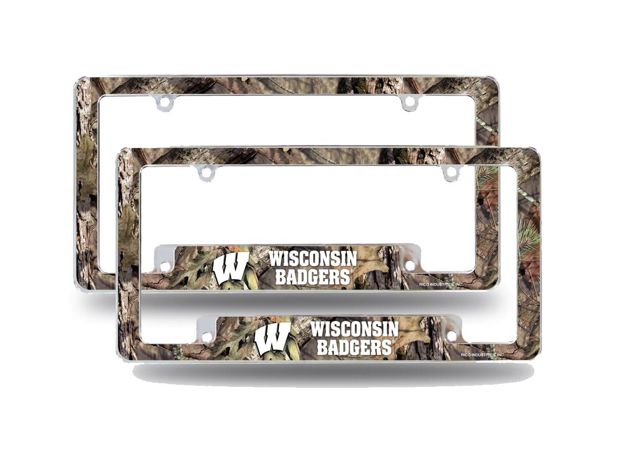 Wisconsin Badgers Chrome Metal (Set of 2) License Plate Frames with Bold Mossy Oak Camouflaged Camo Design