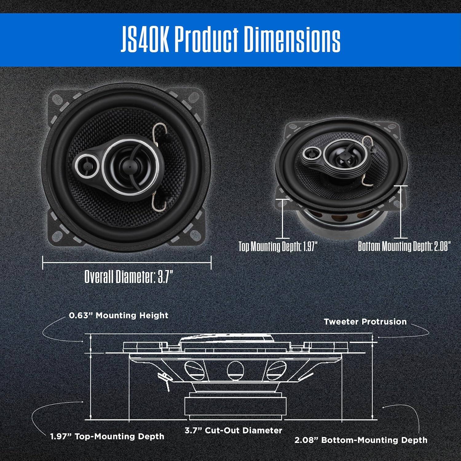 JS40K Product Dimensions

- Top Mounting Depth: 1.97"
- Bottom Mounting Depth: 2.08"
- Overall Diameter: 3.7"
- Mounting Height: 0.63"
- Tweeter Protrusion: 1.97"
- Top-Mounting Depth: 3.7"
- Cut-Out Diameter: 2.08"
- Bottom-Mounting Depth