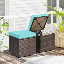 Gymax - 2PCS Outdoor Patio Ottomans Hand-Woven PE Wicker Footstools w/ Removable Cushions - Turquoise
