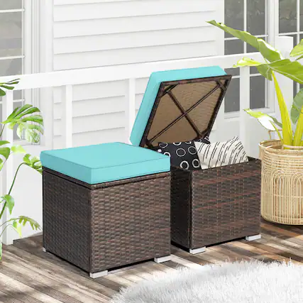 Front. Gymax - Gymax 2PCS Outdoor Patio Ottomans Hand-Woven PE Wicker Footstools w/ Removable Cushions Turquoise - Turquoise.